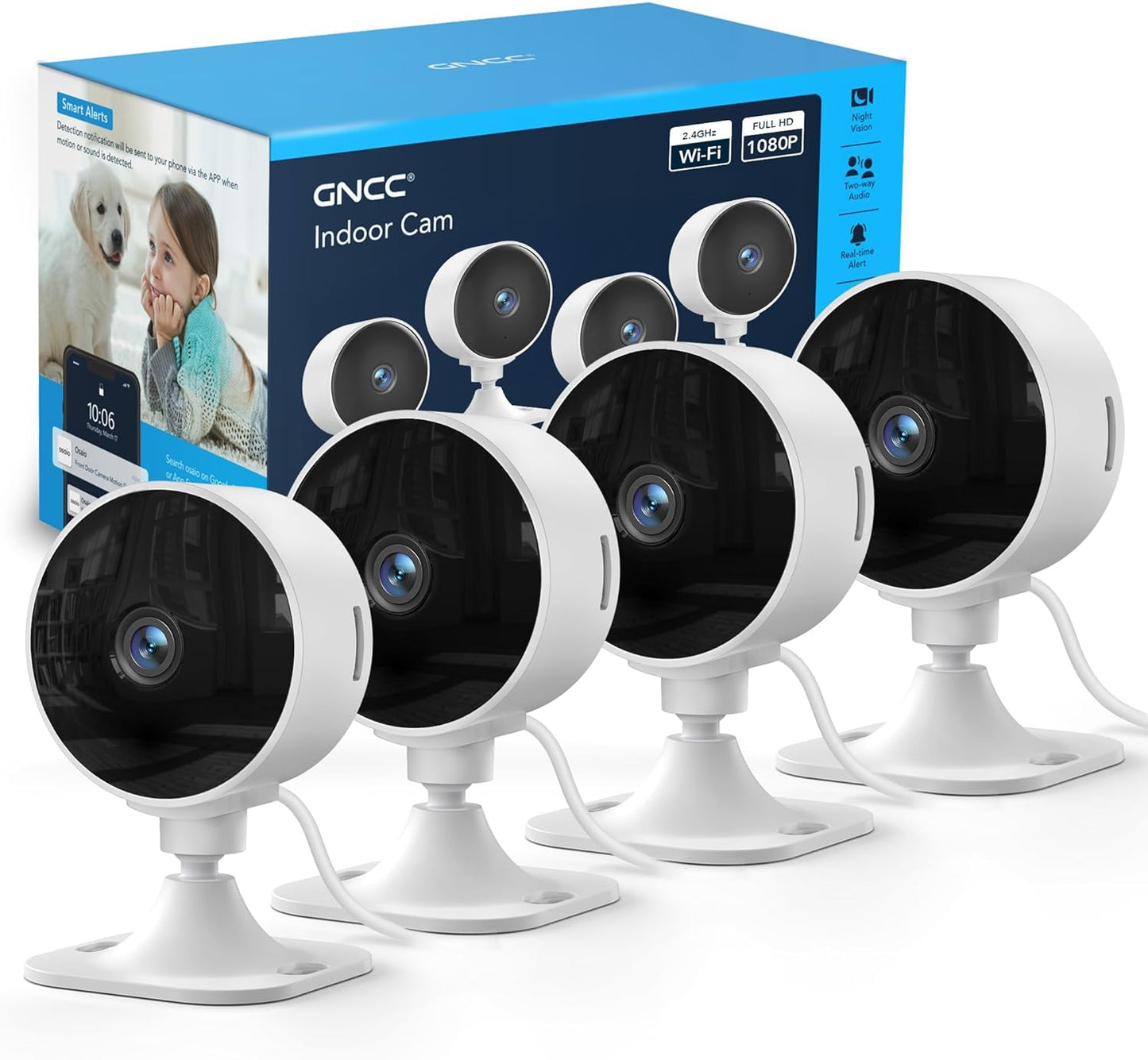 GNCC Only 2.4GHz Indoor Security Camera, 1080P Cameras for Home Security, Motion Detection, Two-Way Audio, Night Vision, Dog Camera with App, Easy Install, Cloud Storage Subscription Required(4-Pack)