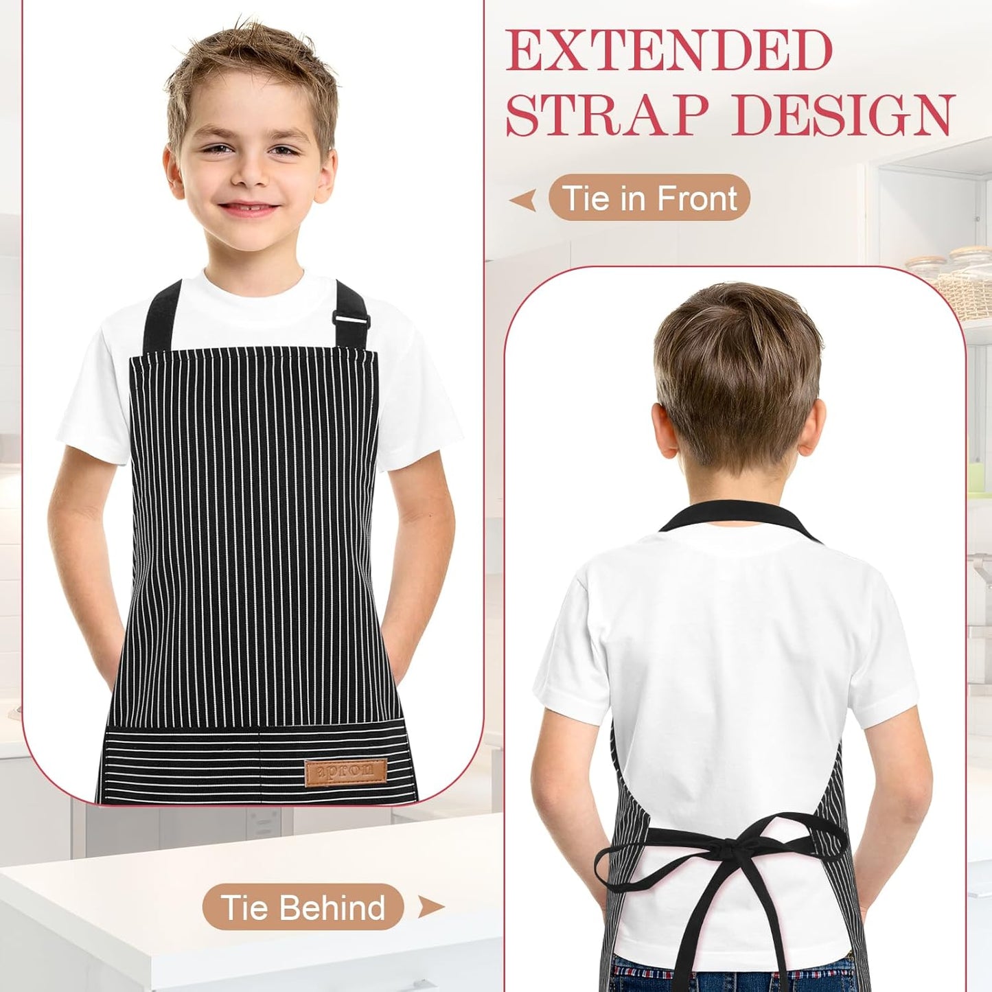 2 Pack Stripes Kids Apron, Kids Cooking Aprons with 2 Pockets, Cute Aprons for Cooking for Boys and Girls