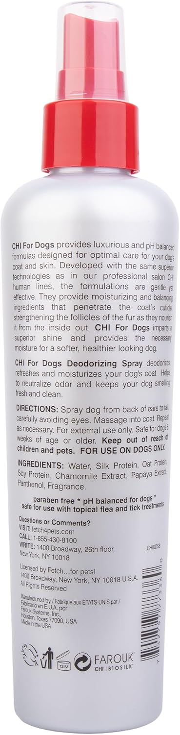 CHI for Dogs Deodorizing Spray for Dogs and Puppies, Dog Grooming Spray to Help Refresh Coats and Reduce Odors Between Baths While Moisturizing Fur, Unscented, 8 Fl Oz