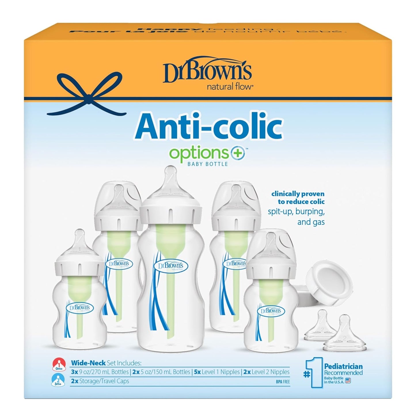 Dr. Brown's Anti-Colic Options+ Wide-Neck Baby Bottle Feeding Set, 5 oz/9 oz, with Bottle Travel Caps (Packaging May Vary)