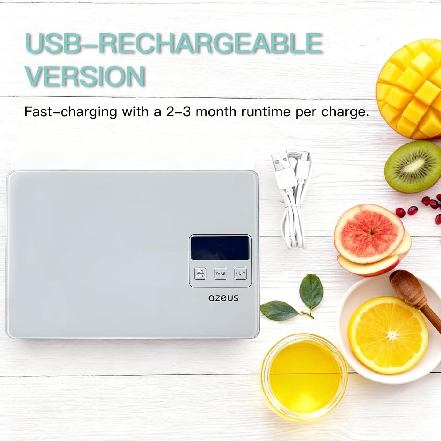 AZEUS Food Scale with USB Rechargeable, Digital Kitchen Scale with 6 Units, High Precision to 0.04 oz /11lbs Capacity, Weight Range from 3g-5000g (White)