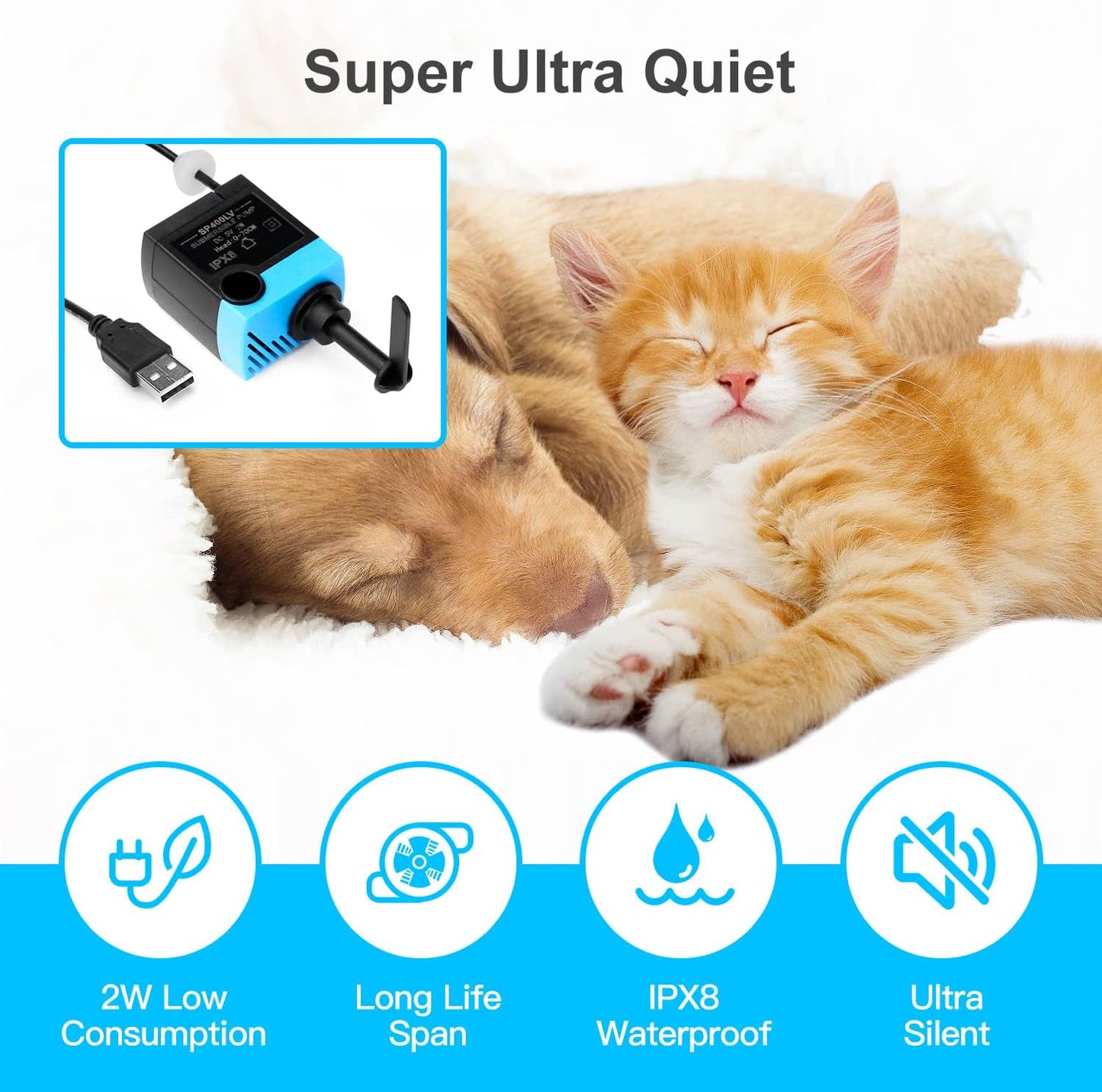 SP-400LV Cat and Dog Water Fountain Pump with Grommet,USB Replacement Pump for Original Mini Pet Fountain