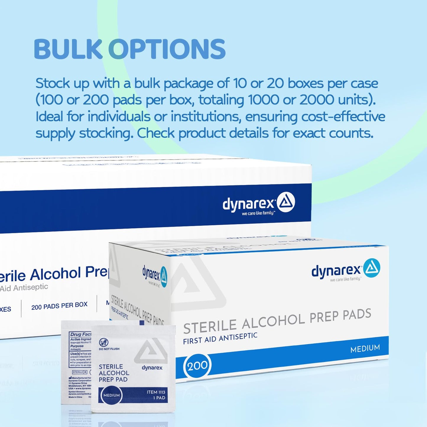 Dynarex DynaSafety Sterile Alcohol Prep Pads - Medium - 70% Isopropyl Alcohol, Individually Wrapped, Soft Cleaning Wipes - 200 per Box