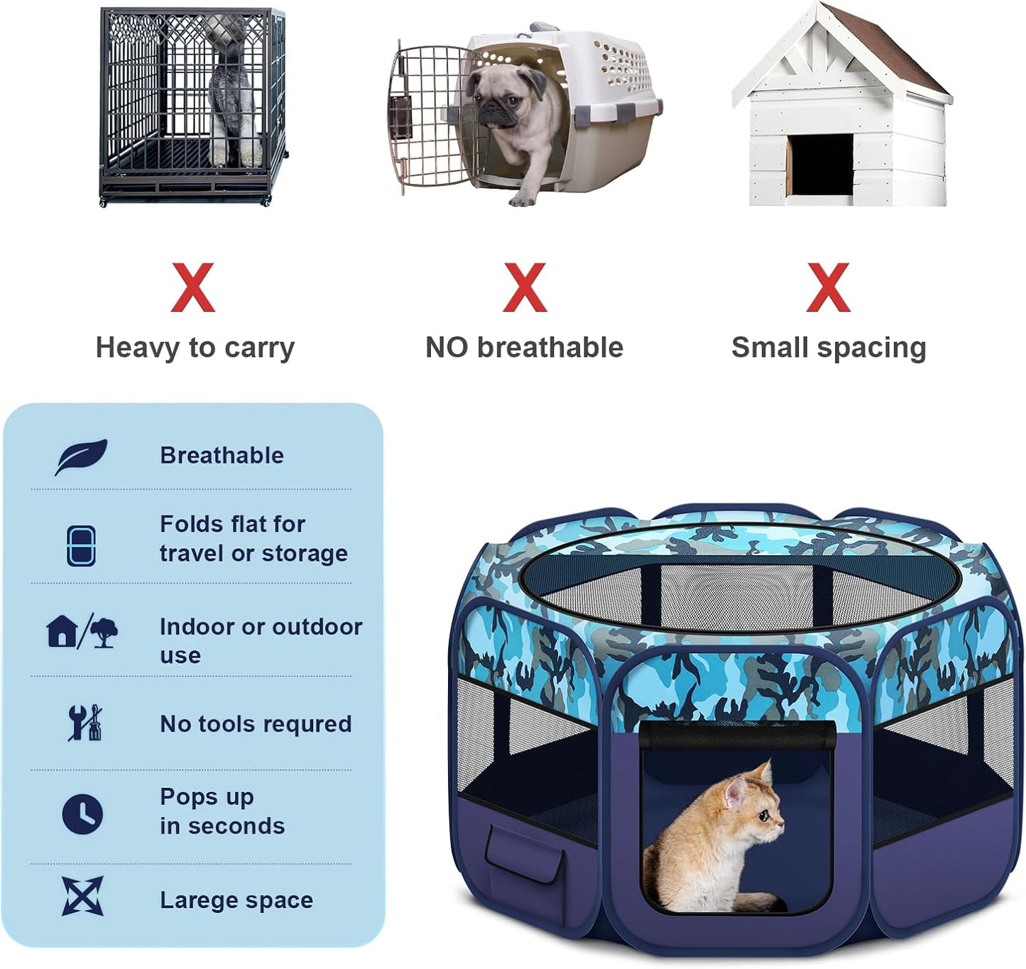 Dog Playpen, Pet Playpen, Portable Cat Playpen, Pop Up Foldable Puppy Playpen Exercise Kennel Tent with Carry Case Collapsible Bowl,Water-Resistant Shade Cover for Outdoor Indoor Travel