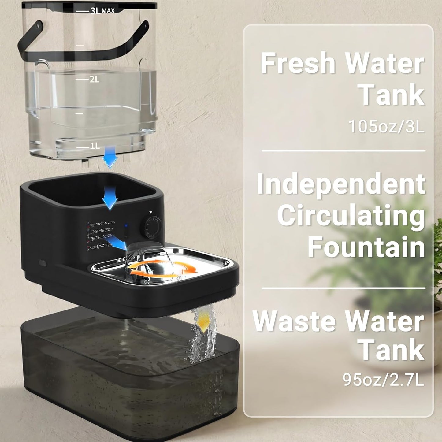 Filterless Cat Water Fountain 3L, Wireless Motion Sensor Cat Water Fountain with 4000mAh Battery, Stainless Steel Cat Bowls, Water Fountain Separate Tanks, Quiet – Black
