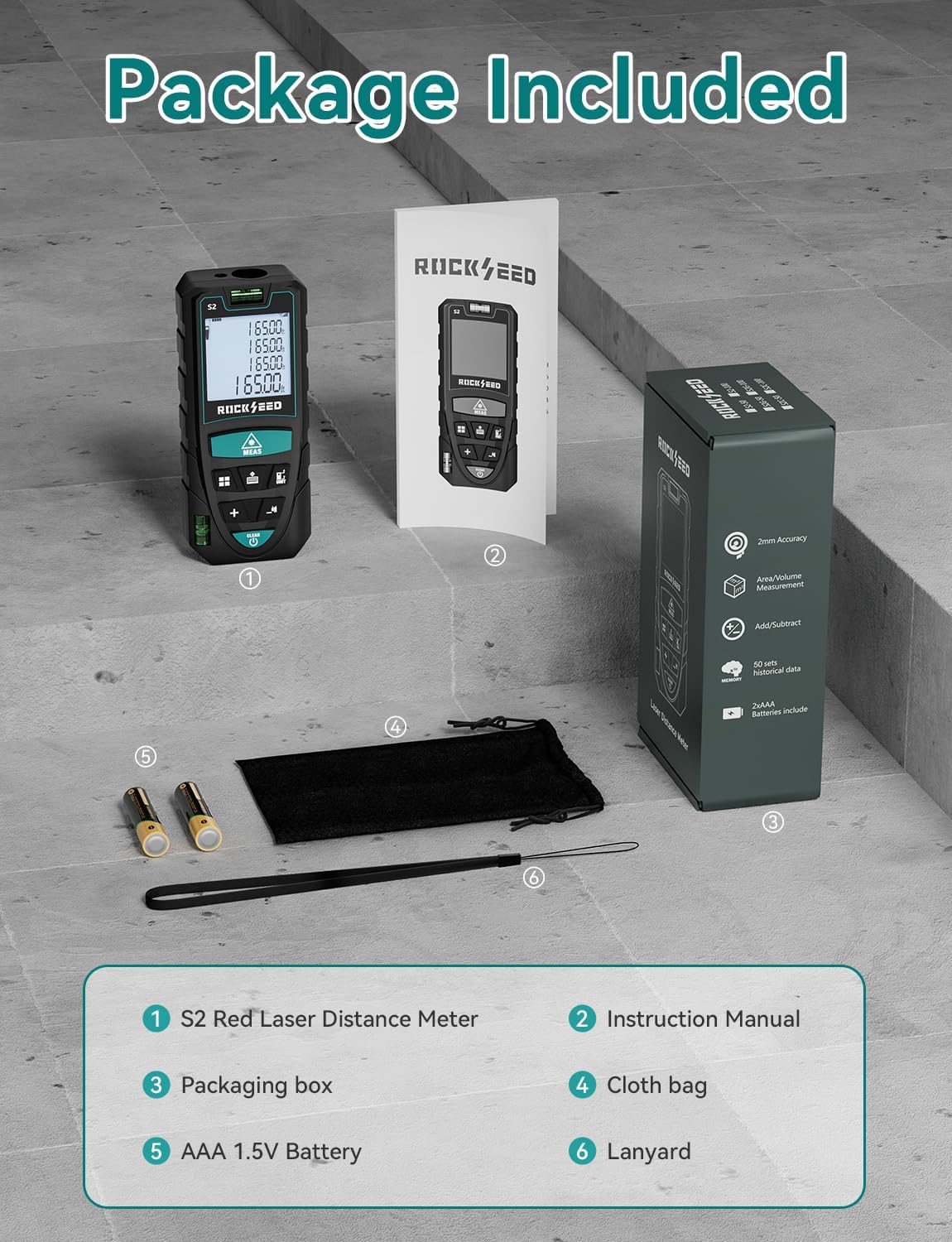 Laser Measure 50M/165ft,RockSeed Digital Laser Distance Meter with 2 Bubble Levels,Portable M/in/Ft Unit Switching Backlit LCD and Measuring Distance/Area/Volume/Pythagorean