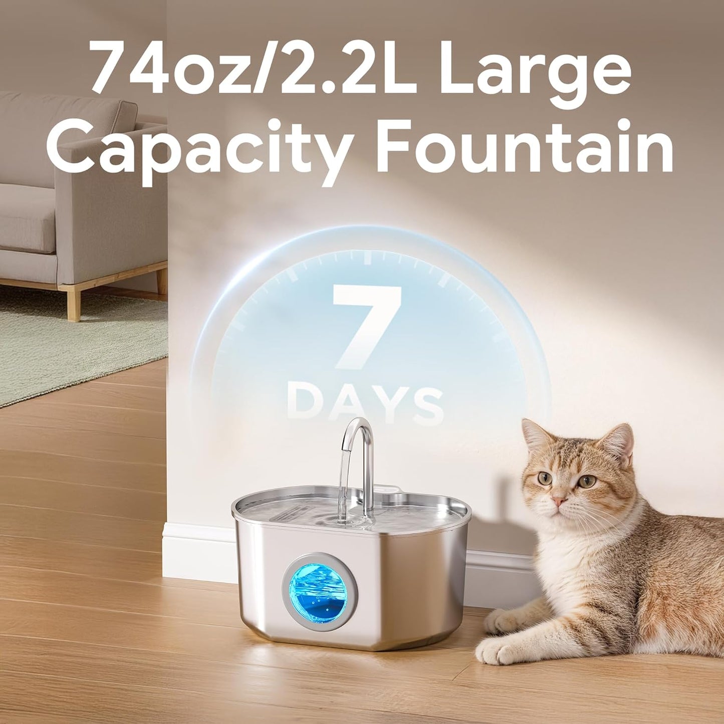 Cat Water Fountain Stainless Steel: 74oz/2.2L Cat Fountain for Drinking- Pet Water Fountain Inside - Automatic Dog Watering Dispenser Bowl - Pet Feeding & Watering Supplies (1 Filter)