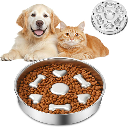 Slow Feeder Dog Bowl Stainless Steel, 2 Cups Metal Dogs Food Water Bowls with Non-Slip Pad, Stop Pet Dog Puppy Puzzle Feeder for Small & Medium Dogs to Slow Down Eating (A)
