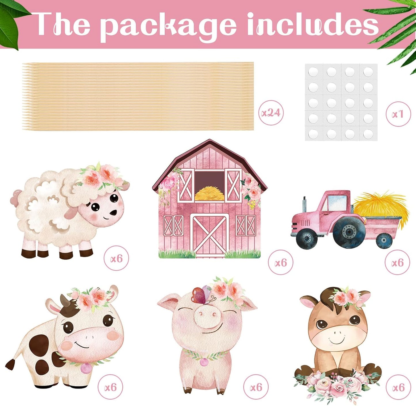 Hotop 30 Pcs Farm Animal Centerpiece Sticks Floral Animals Table Toppers Birthday Party Supplies Decor for Girls Theme Topper Photo Booth Props