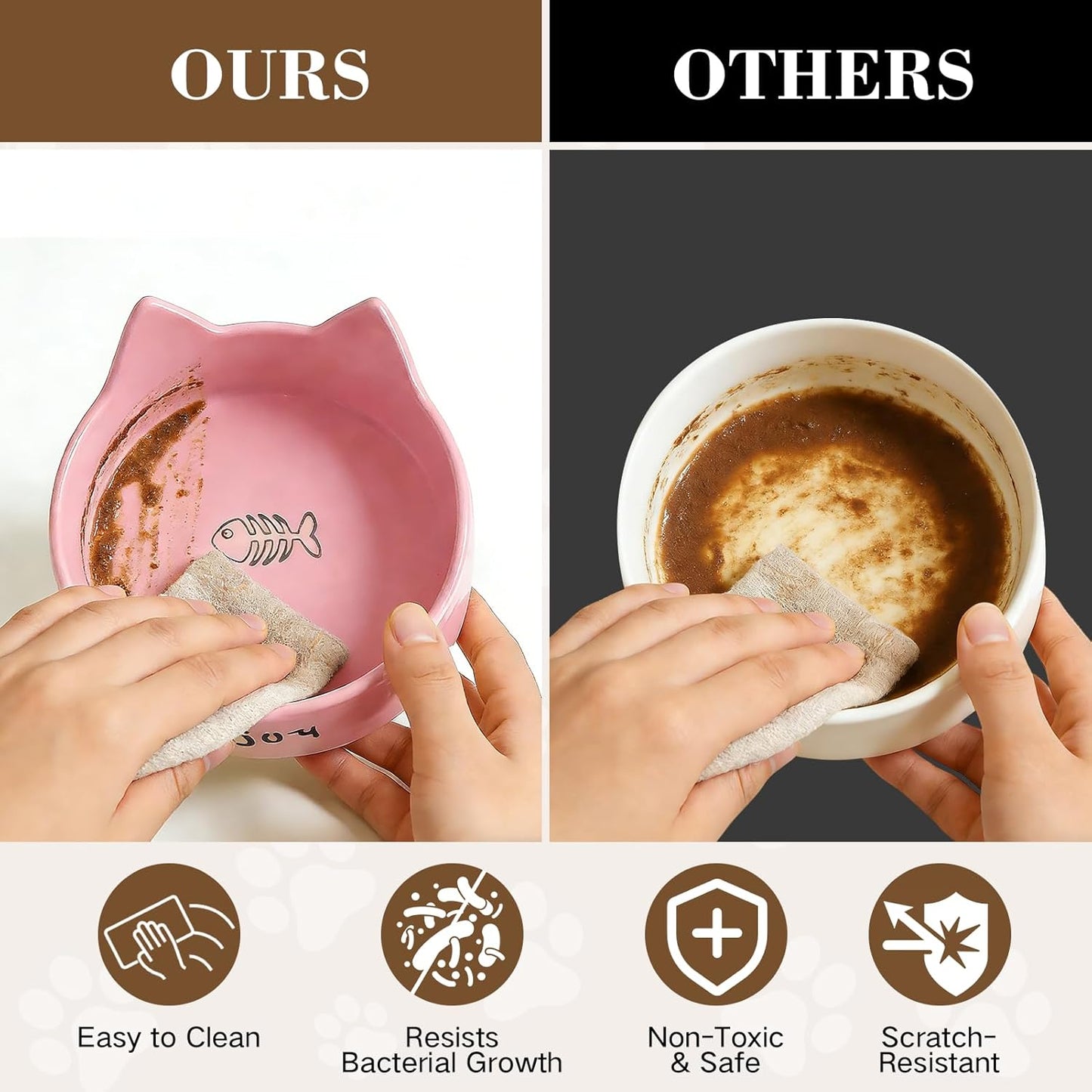 Puffluv Ceramic Dog and Cat Bowl Set with Wooden Stand Non-Slip Matte Glaze Weighted Food Water Cute Raised Feeder-Pink Cat Ear-6.76 OZ