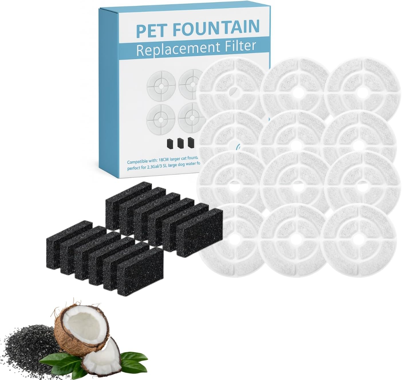 Nispira Cat Water Fountain Filter Replacements for Kastty Sibays 2.5Gal/9.5L Large18CM Dog Water Fountain Dispenser Wireless Pumps Black Sponge, 12 Packs