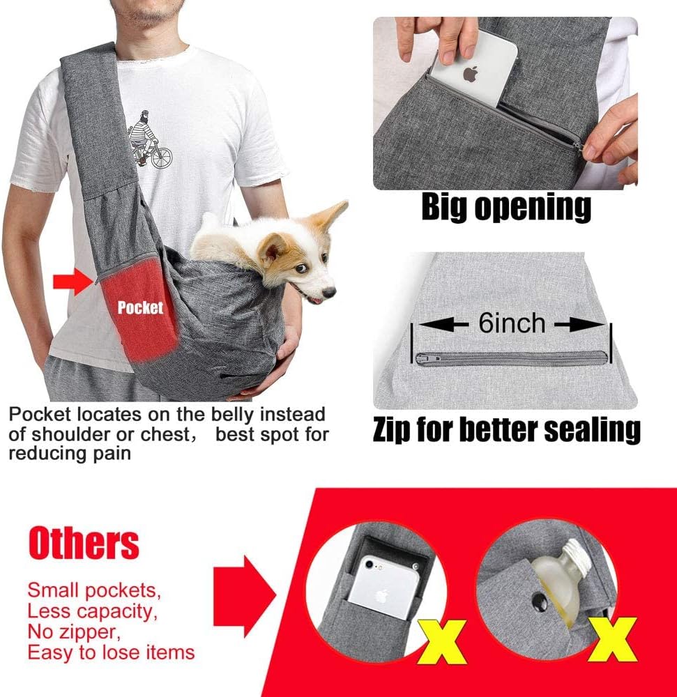 Dog Cat Sling Carrier Adjustable Padded Shoulder Strap with Mesh Pocket for Outdoor Travel (Grey, L - 8 to 15 lbs)