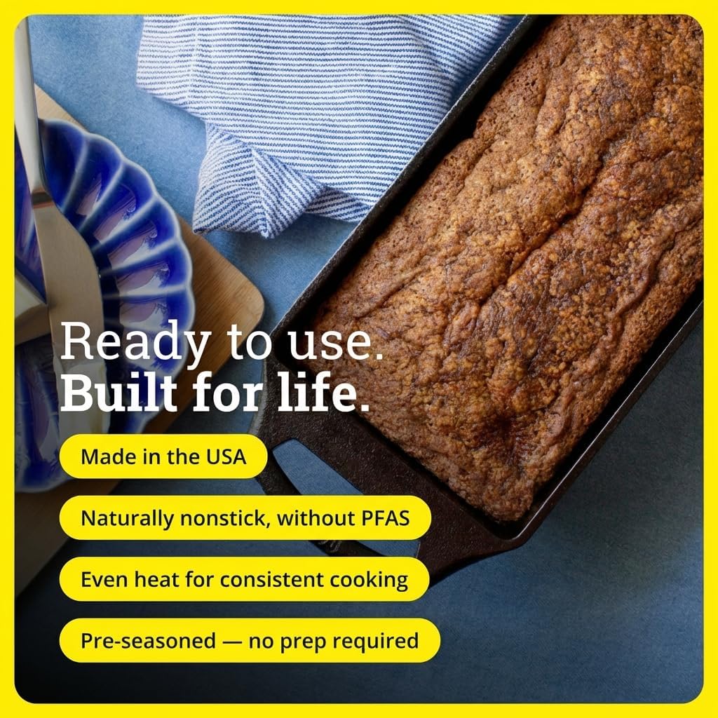 Lodge Seasoned Cast Iron Loaf Pan - Pre-Seasoned Rectangular Cast Iron Bakeware- Even Browning Bread Pan with Easy-Release Finish - PFAS-Free Non-Toxic Cookware - 8.5 Inches