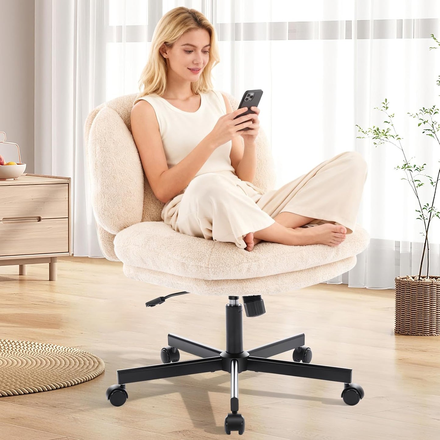 Criss Cross Chair, Thick Cushioned Ergonomic Cross Legged Office Chair with Wheels, Armless Swivel Vanity Chair, Height Adjustable Wide Computer Desk Chair for Home and Office, Beige