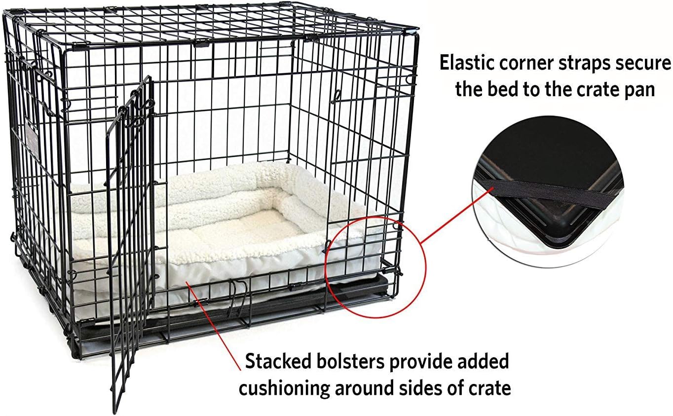 MidWest Homes for Pets Large QuietTime Double Bolster Pet Bed, White Plush 42-Inch Crate Mat with Stacked Bolsters, Machine Washable, Secure Fit with Elastic Straps
