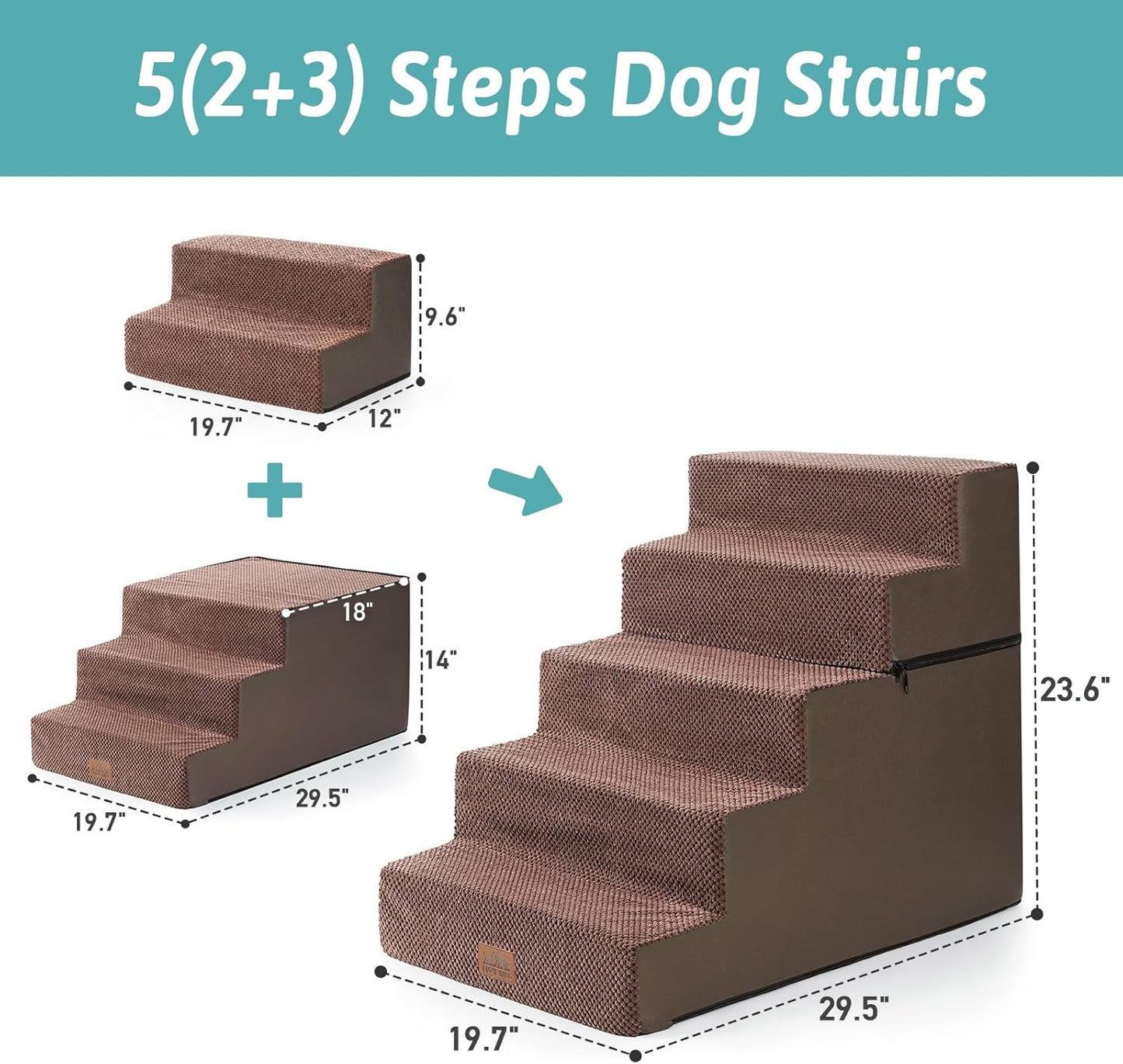 Dog Stairs with Detachable Zipper, 19.7" Extra Wide Right-Angle Pet Stairs for Bed, Anti-Slip Dog Steps for Lowrider and Puppy, Elderly Cats with Support Board, 19.7x29.5x23.6 inch, Brown
