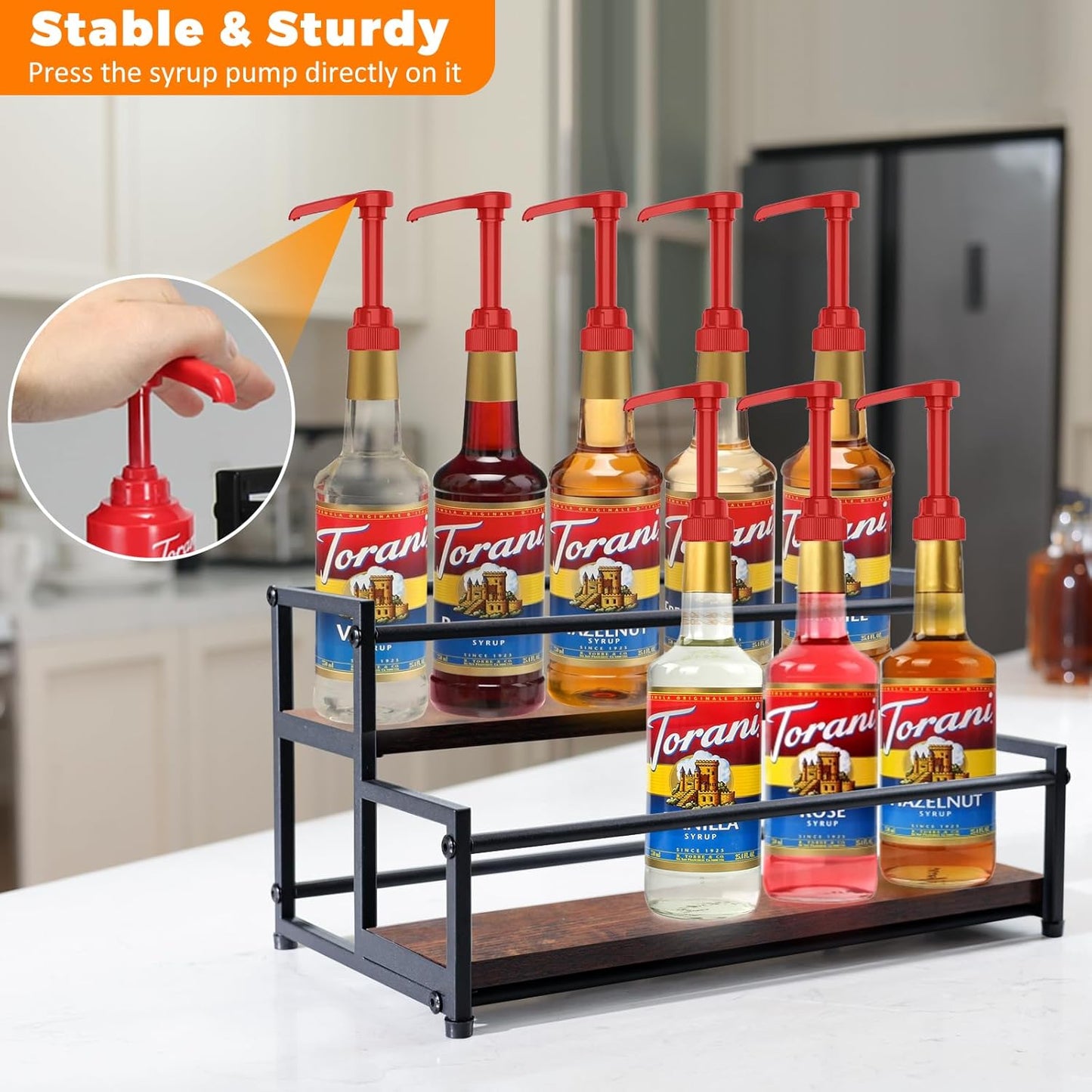 Coffee Syrup Rack Organizer - 2-Tier 10 Syrup Bottles Holder for Coffee Bar, Liquor Bottle Display Shelf - Rustic Kitchen Cabinet for Spices, Jars - Stepped Pantry Shelf for Wine, Tea & Bottles