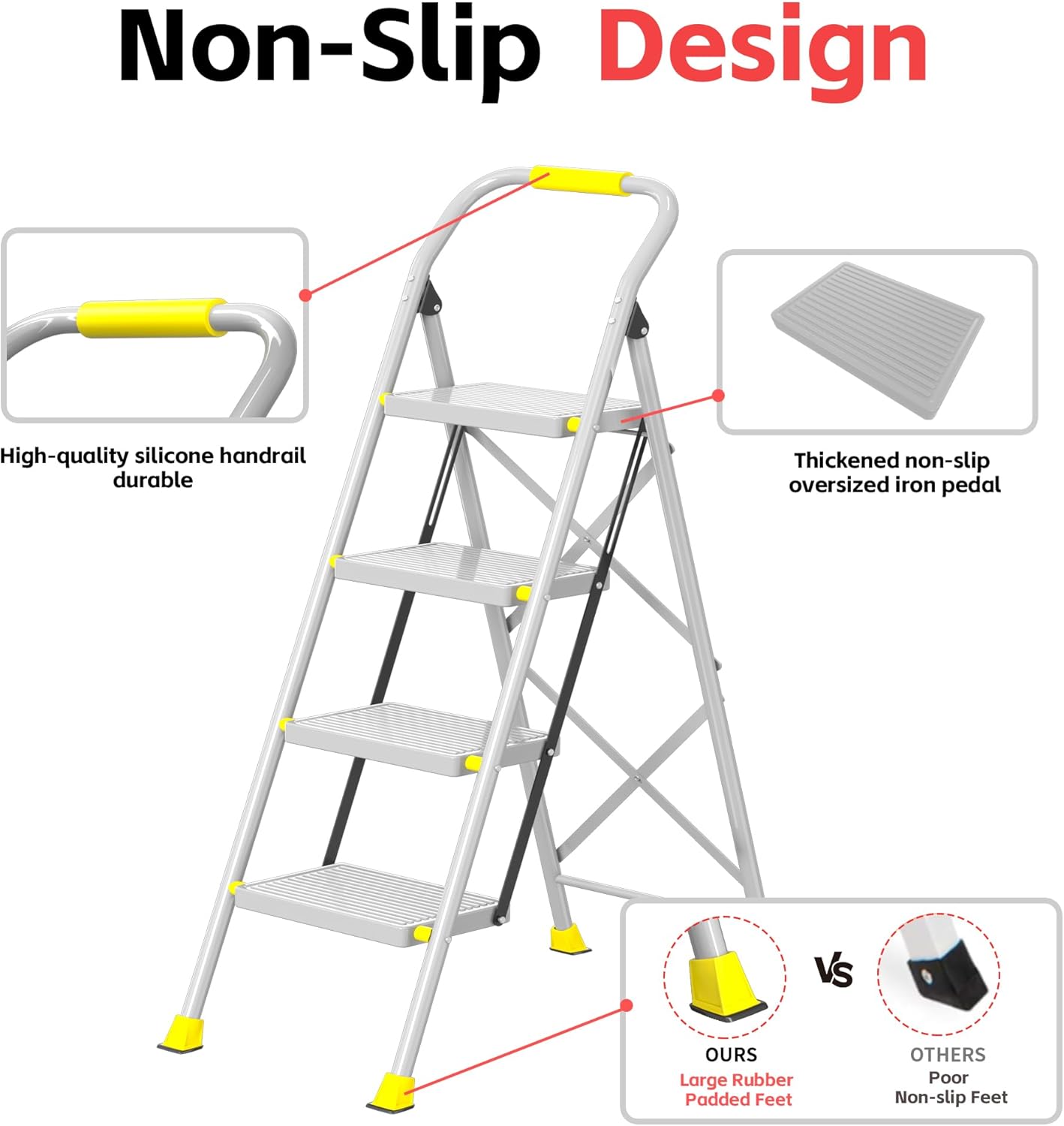 Step Ladder Foldable Folding Stool - for Home Adults Kitchen 4 Stepping Extension Tall Heavy Duty with Handrails - Closet Stepstool Stair Ladders Extendable Stepladder for Indoor House 600Lbs
