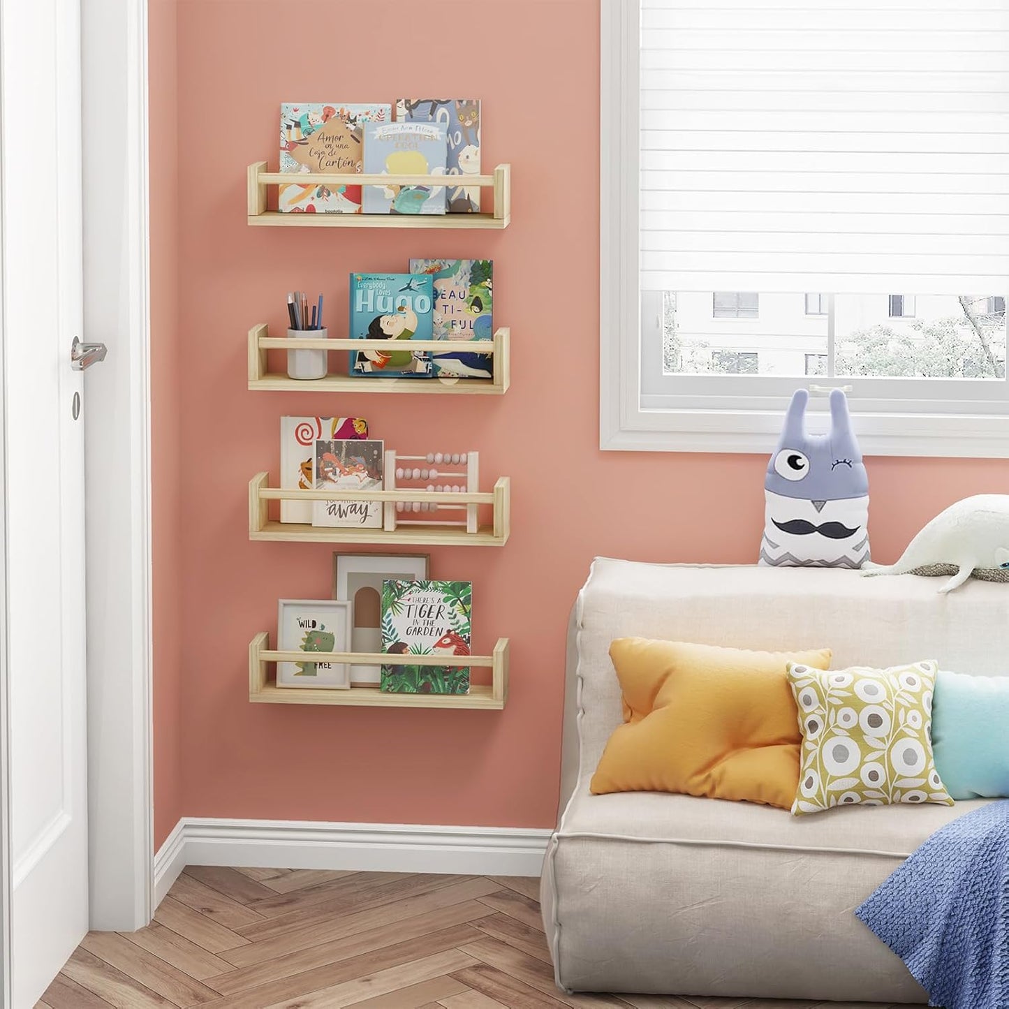 Fixwal Nursery Book Shelves, 16.5 Inch Floating Nursery Bookshelves, Set of 4, Solid Wood Wall Mounted Shelves for Books and Toys Storage (Natural Wood)