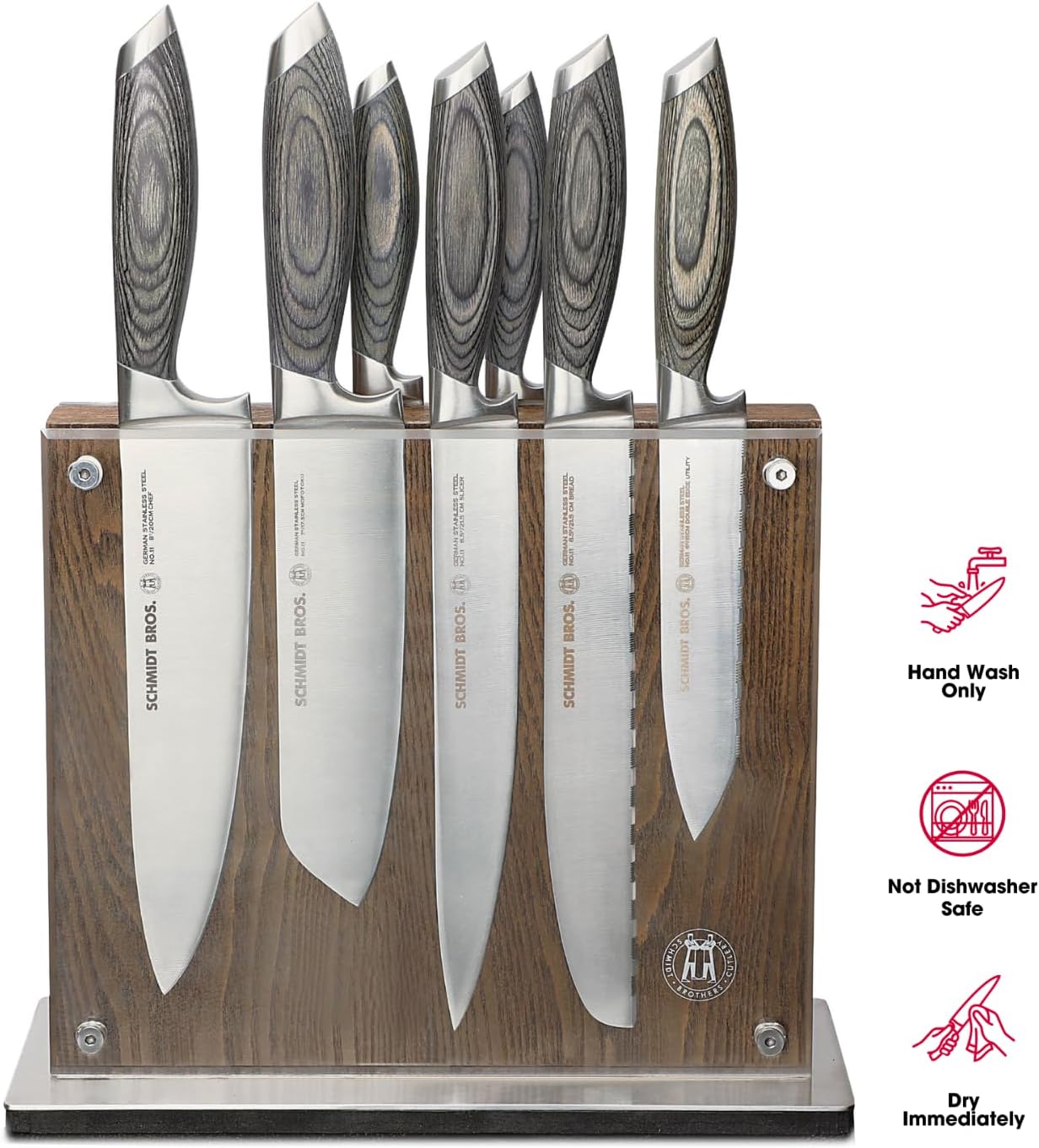 Schmidt Brothers -Bonded Ash- 15-Piece Knife Set, High-Carbon Stainless Steel Cutlery with Downtown Acacia and Acrylic Magnetic Knife Block and Knife Sharpener