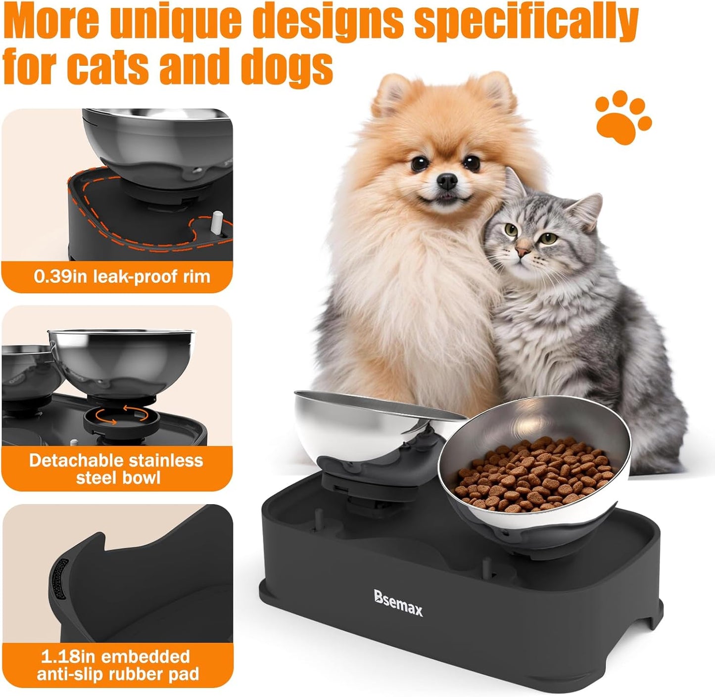 Adjustable Elevated Cat Bowls with 2 Stainless Steel Bowls 6.1”–7.3” Raised Feeding Station with 30° Tilt to Reduce Vomiting & Neck Strain, Stable Non-Slip Stand for Indoor Cats, Small Dogs & Puppies