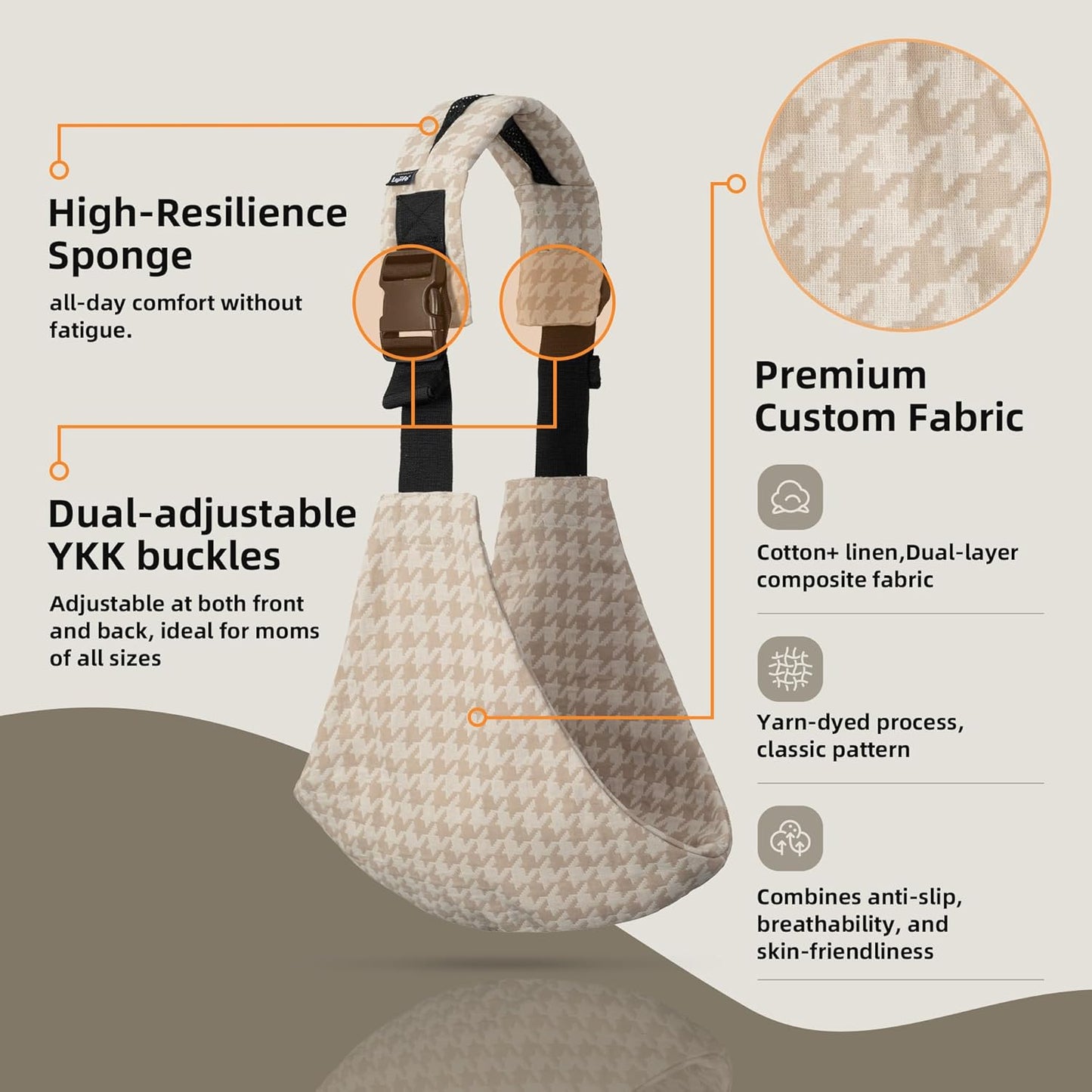 Baby Sling Carrier for Toddler, Houndstooth Baby Carrier Sling, Premium Cotton Linen Adjustable in Both Front and Back Shoulder Strap, Portable and Lightweight Toddler Carrier