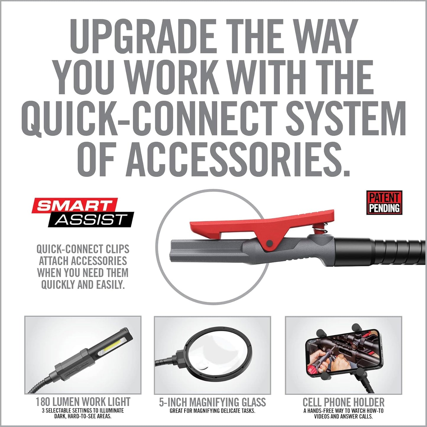 Real Avid Smart‑Assist Accessory System – Quick‑Connect Hands‑Free Workbench Kit with Rechargeable 180‑Lumen Work Light, 5" Magnifier & Cell Phone Holder for DIY Projects