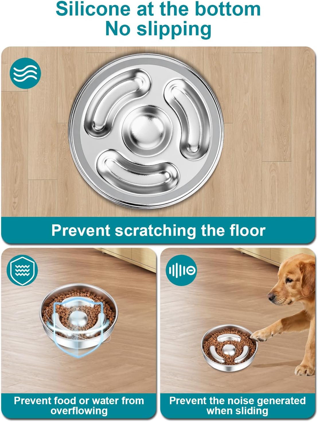 Slow Feeder Dog Bowl Stainless Steel，8-inch Diameter Dog Slow Feeder Bowl，Heavy Duty with Non-Slip Rubber Base，2Cups Capacity for Medium & Large Dog.Thick and Heavy Edition