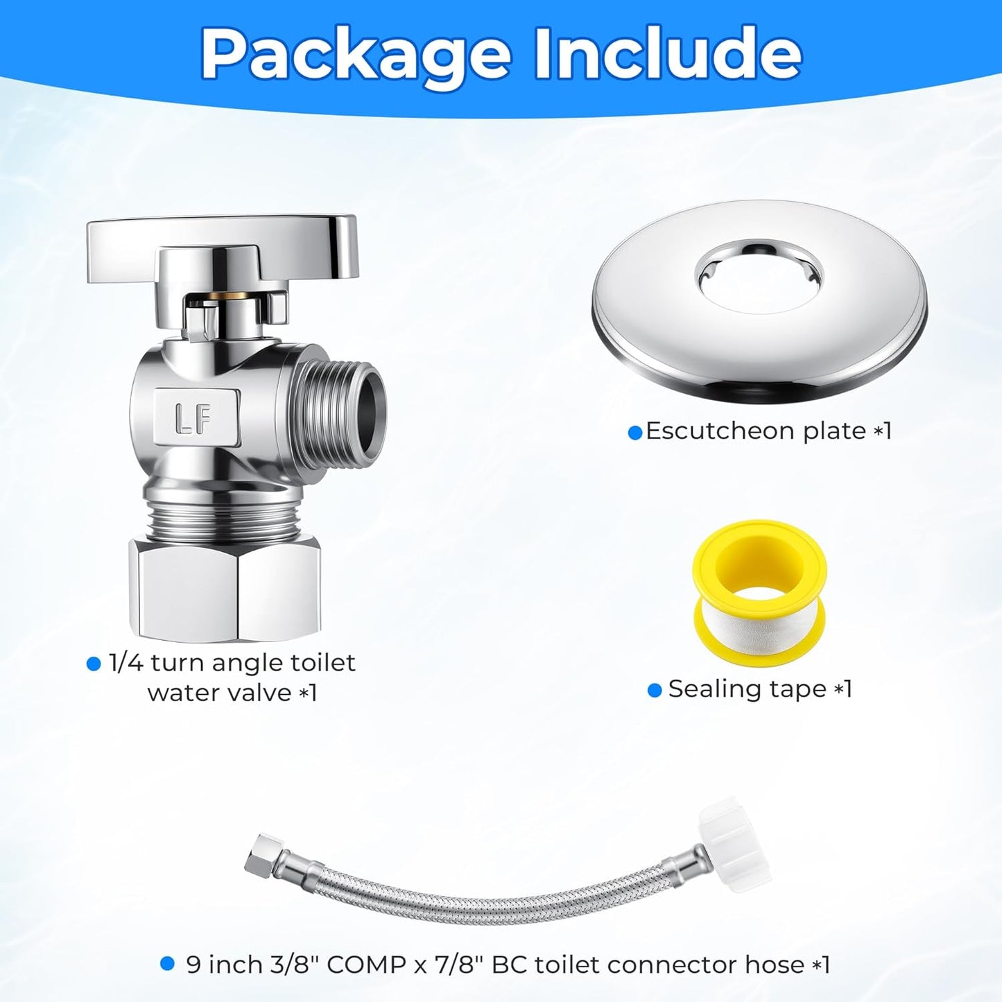 1 Pack Complete Toilet Valve Set, Includes 1/2'' Nom Inlet x 3/8'' OD Compression Outlet Angle Shut Off, 7/8" BC x 3/8" COMP Toilet Water Supply Line, Escutcheon Plate, Sealing Tape (9 Inch)