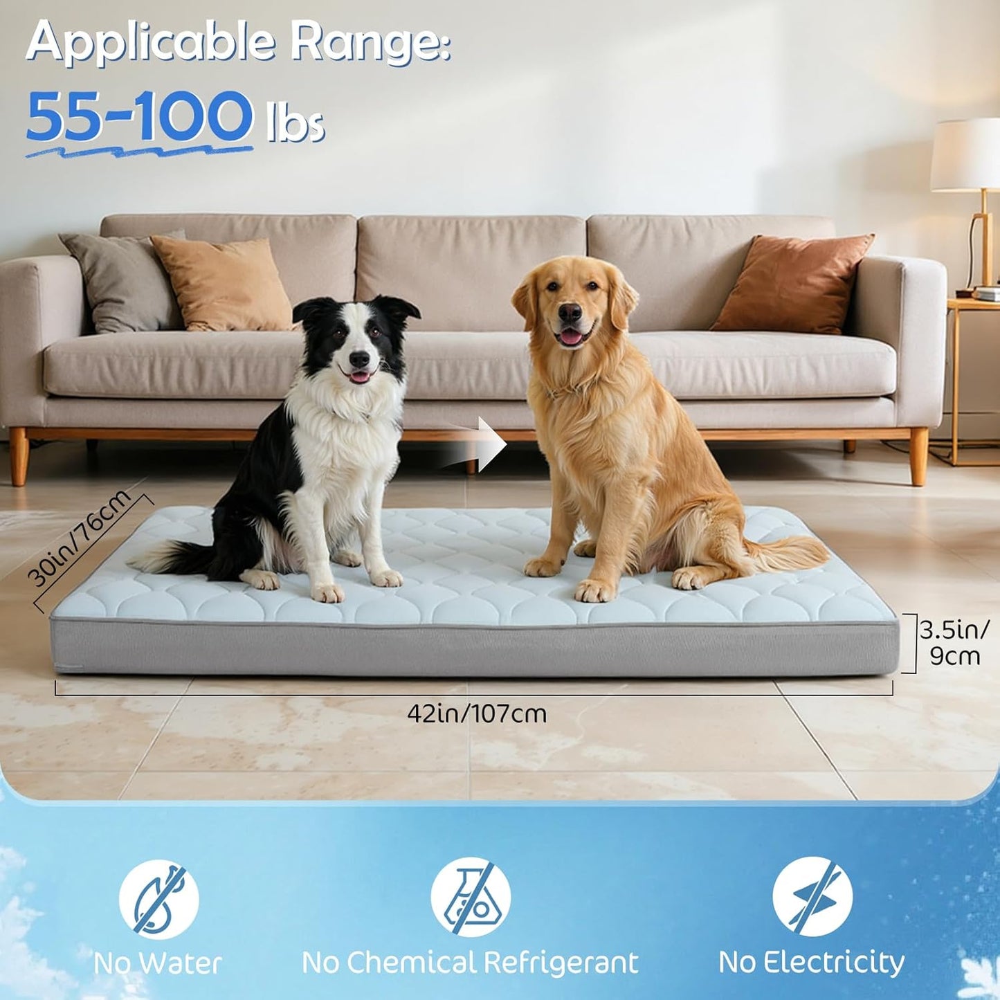 Cooling Dog Bed, 42" x 30" Orthopedic Dog Beds Large Sized, Waterproof Self-Cooling Pet Mat for Summer with Removable Washable Cover, Egg Crate Foam, Anti-Slip Bottom, Non-Gel, Blue