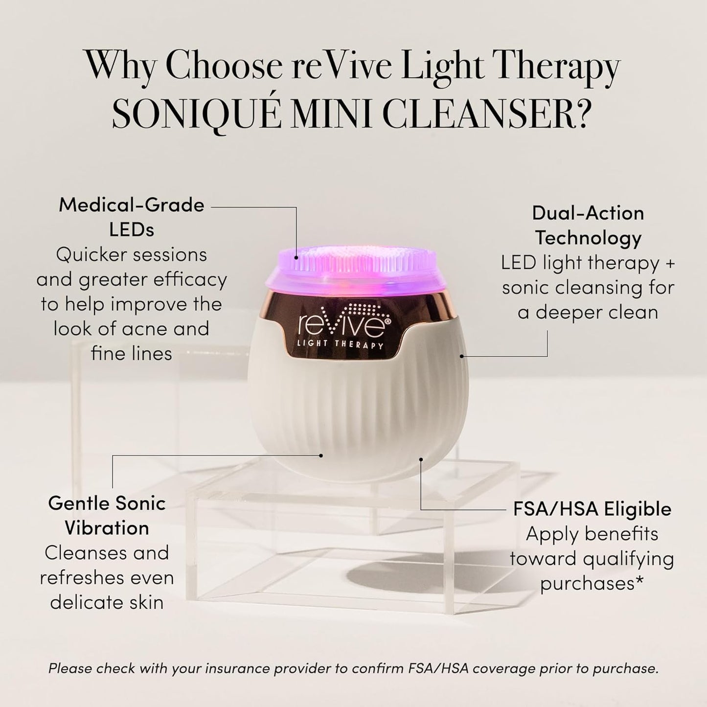 reVive Light Therapy Lux Collection Soniqué Mini, Rechargeable Sonic Face Cleanser Brush with Medical-Grade Blue & Red Light Therapy for Face, Acne & Wrinkle Care, Water-Resistant