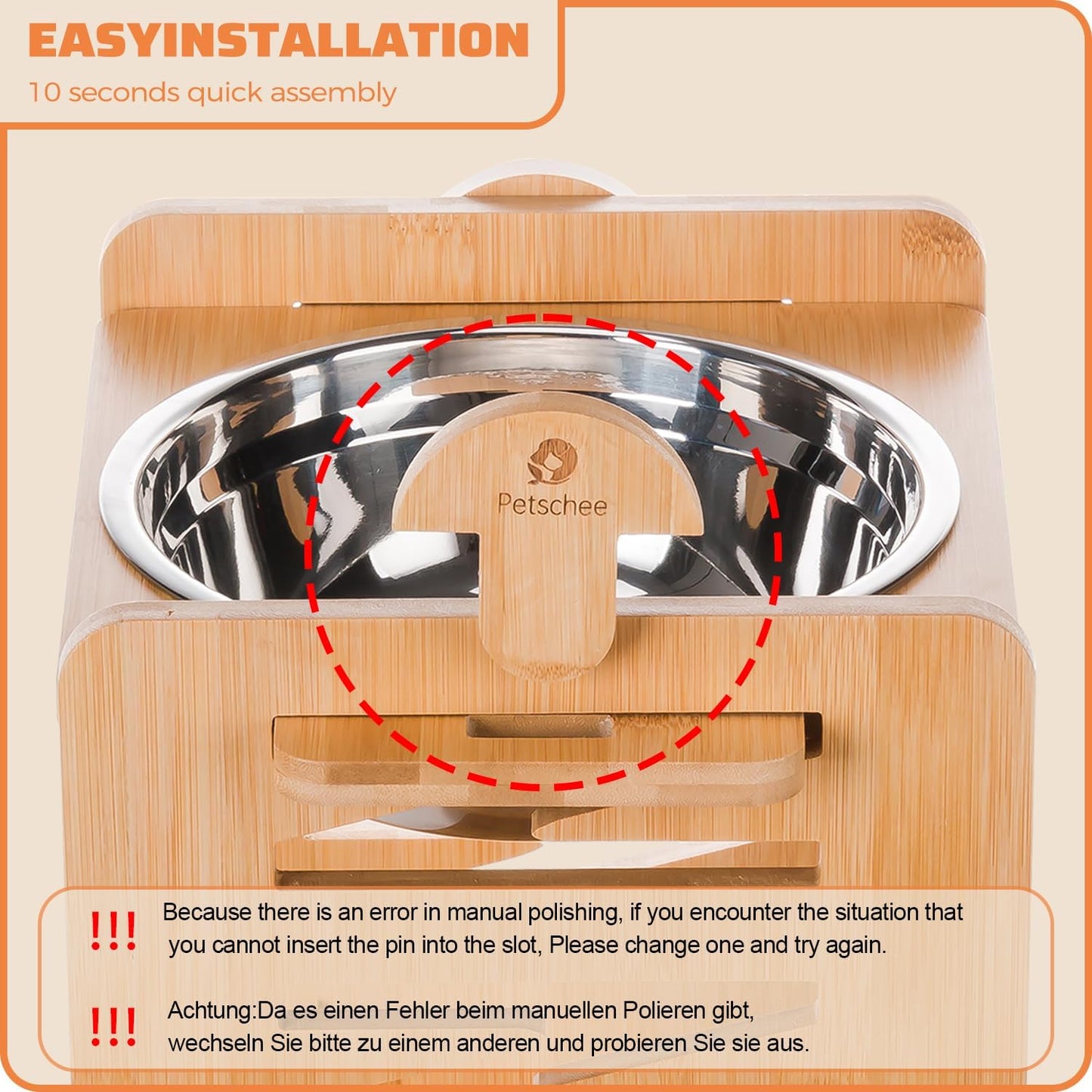 Elevated Dog Bowl 4.7″-11.8″with Food Grade 304 Stainless Steel 51 OZ, 9 Heights Bamboo Dogs Bowl Stand for Medium and Large Dogs, 1 Pack