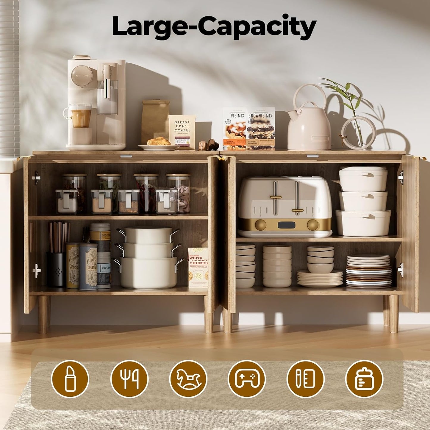 Sideboard Buffet Storage Cabinet - Wood Cabinets with Adjustable Shelves Fluted Doors, Anti-Tip Console Table for Kitchen Dining Living Room or Entryway Hallway, Easy Assembly, Natural