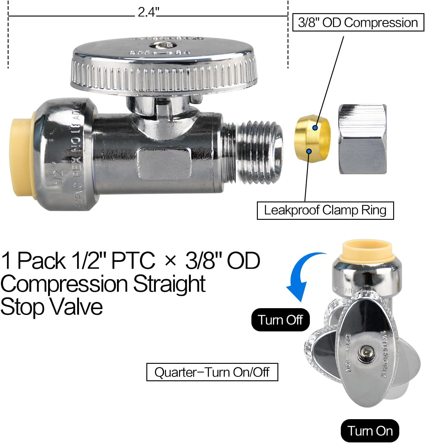 Stop Valves, 1/2" × 3/8" Straight Stop Valve, 1/2" PTC Input, 3/8" OD Compression Output, Push to Connect, 1/4 Turn, Chrome Plated Brass for Faucet, Toilet Valves, No Lead