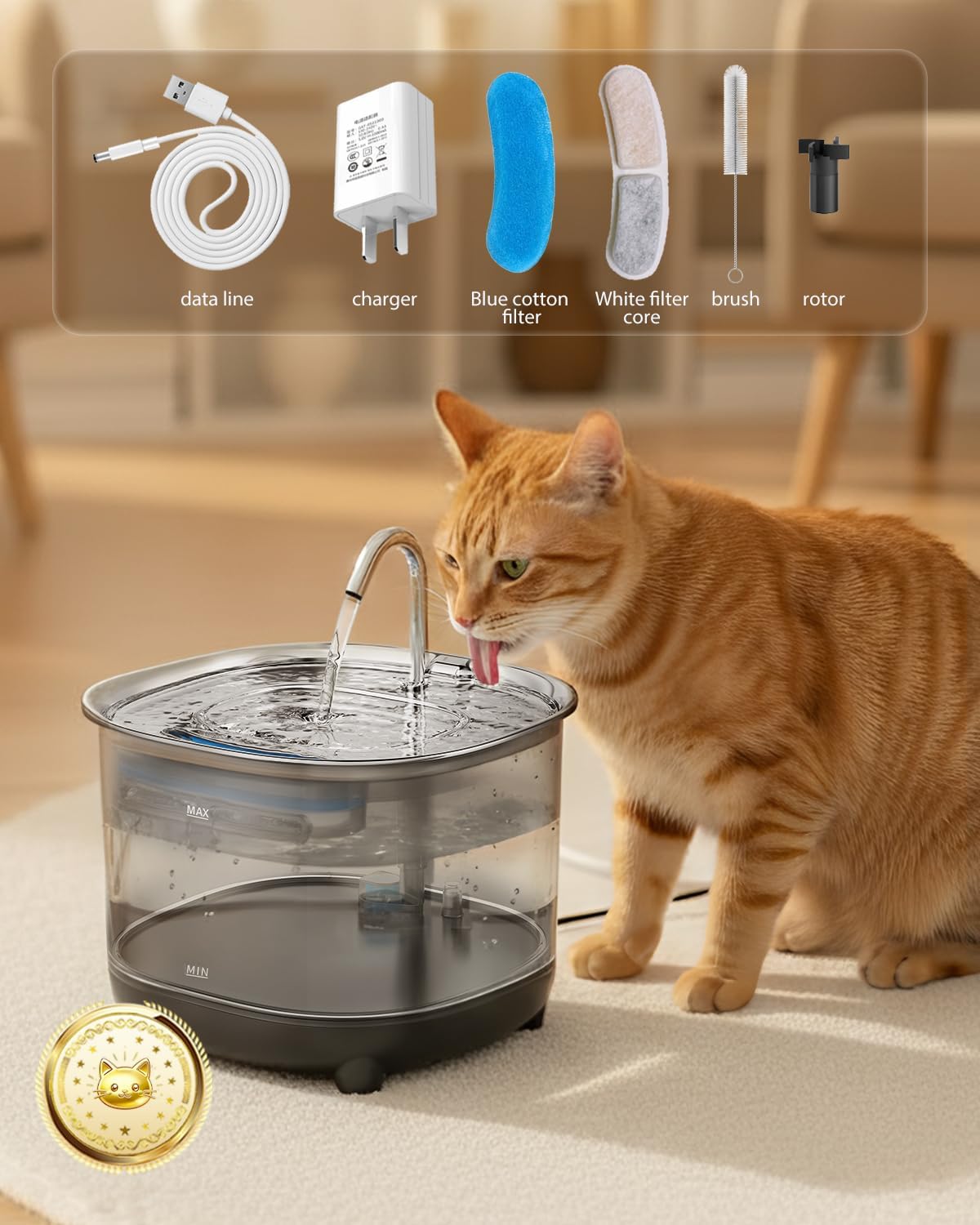 Cat Water Fountain, 3L/101oz Stainless Steel Pet Fountain, Ultra-Quiet Automatic Water Dispenser with Filter, Low Water Alert & Easy Clean for Cats, Small Dogs