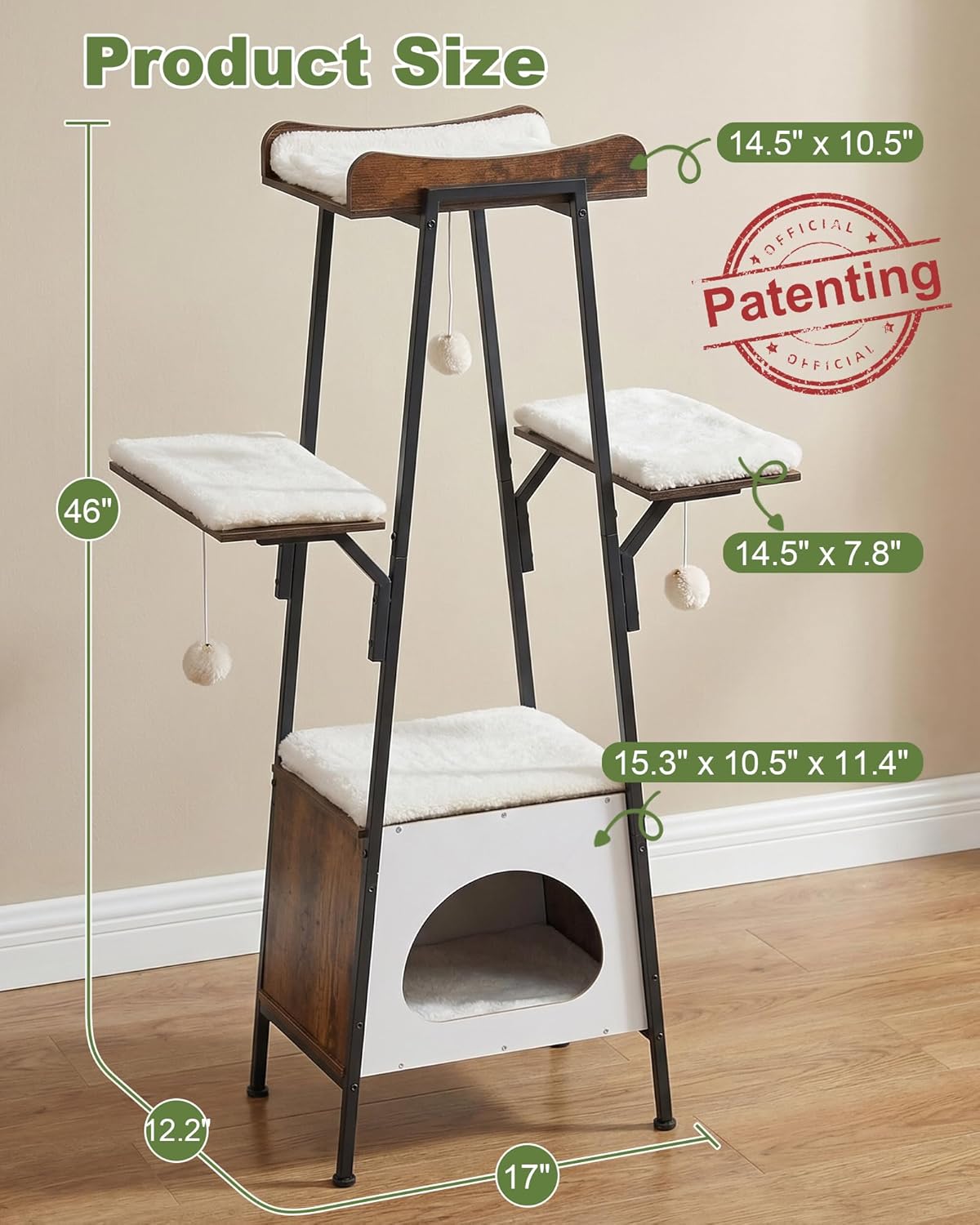 46-Inch Modern Cat Tree Tower for Large Cats, Multi-Level Cat Tower with Playful Toy Balls, Large Perch, Cat Condo, Removable Pads, White