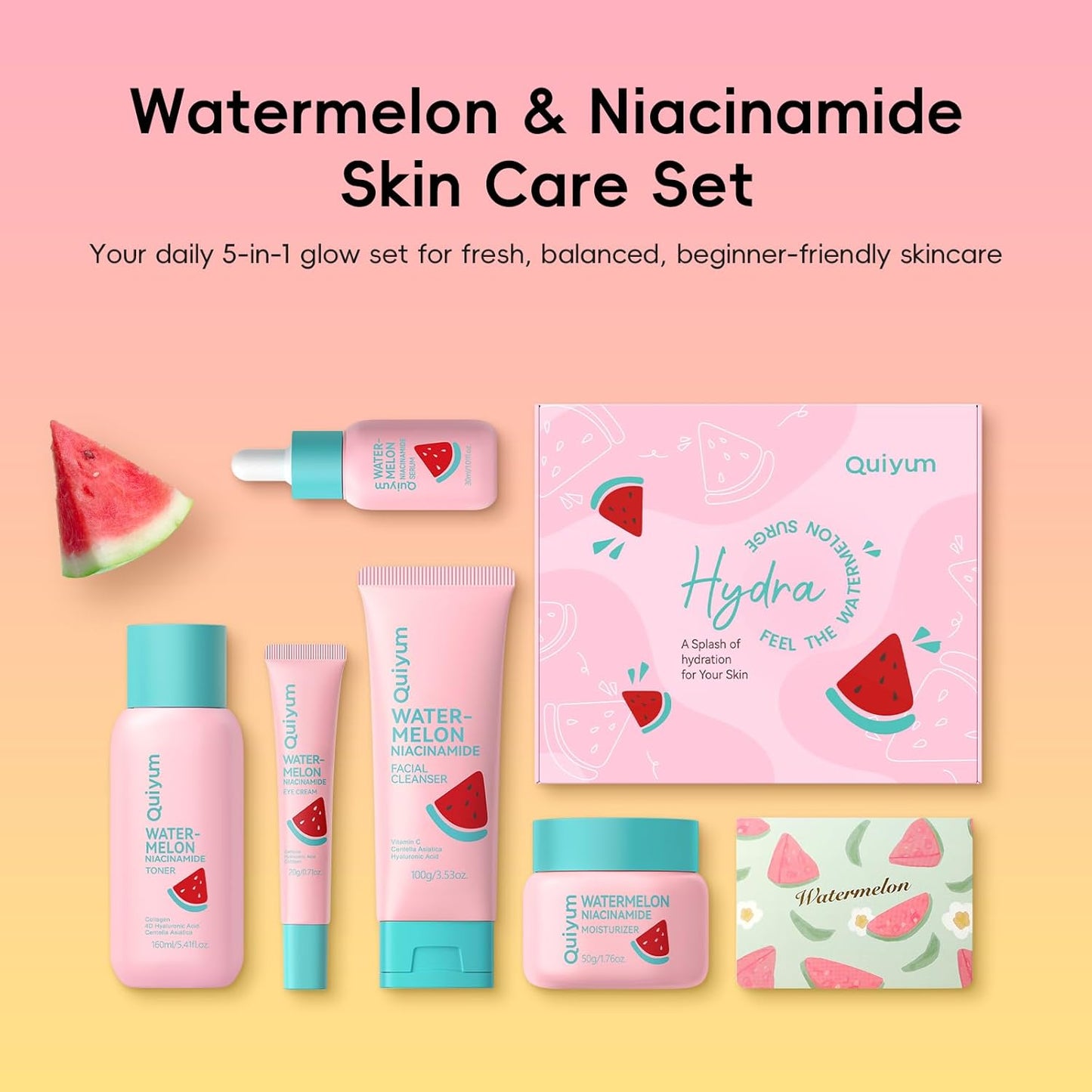 Watermelon Niacinamide Skin Care Set, Routine Beauty Skin Care for Teens- Gift Set with Cleanser, Toner, Eye Cream, Cream, Serum, Facial Juicy Glow Up Set for Women, Girls, for All Skin Types
