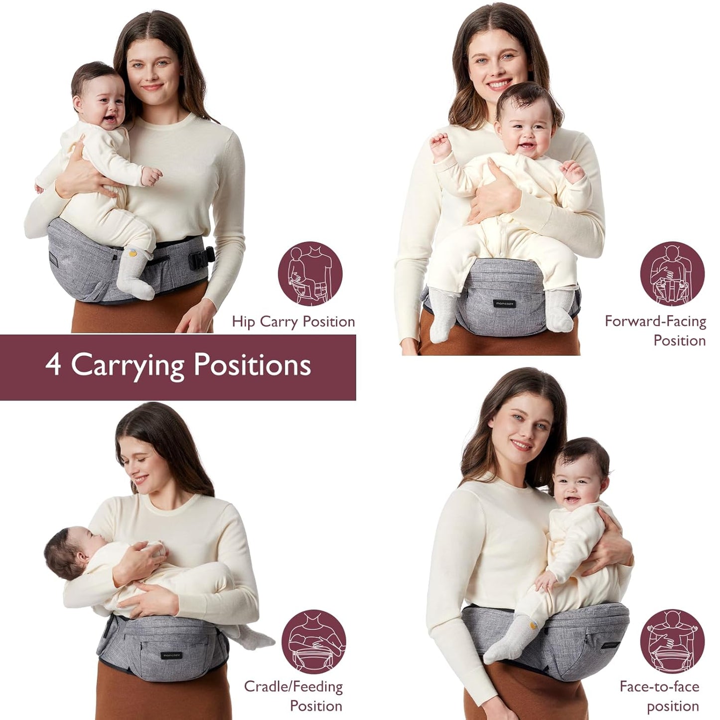 Momcozy Hip Seat Baby Carrier - Adjustable Waistband with Original 3D Belly Protector, Ergonomic Carrier with Various Pockets for Toddlers up to 45lbs (Grey, Medium 27-45IN)