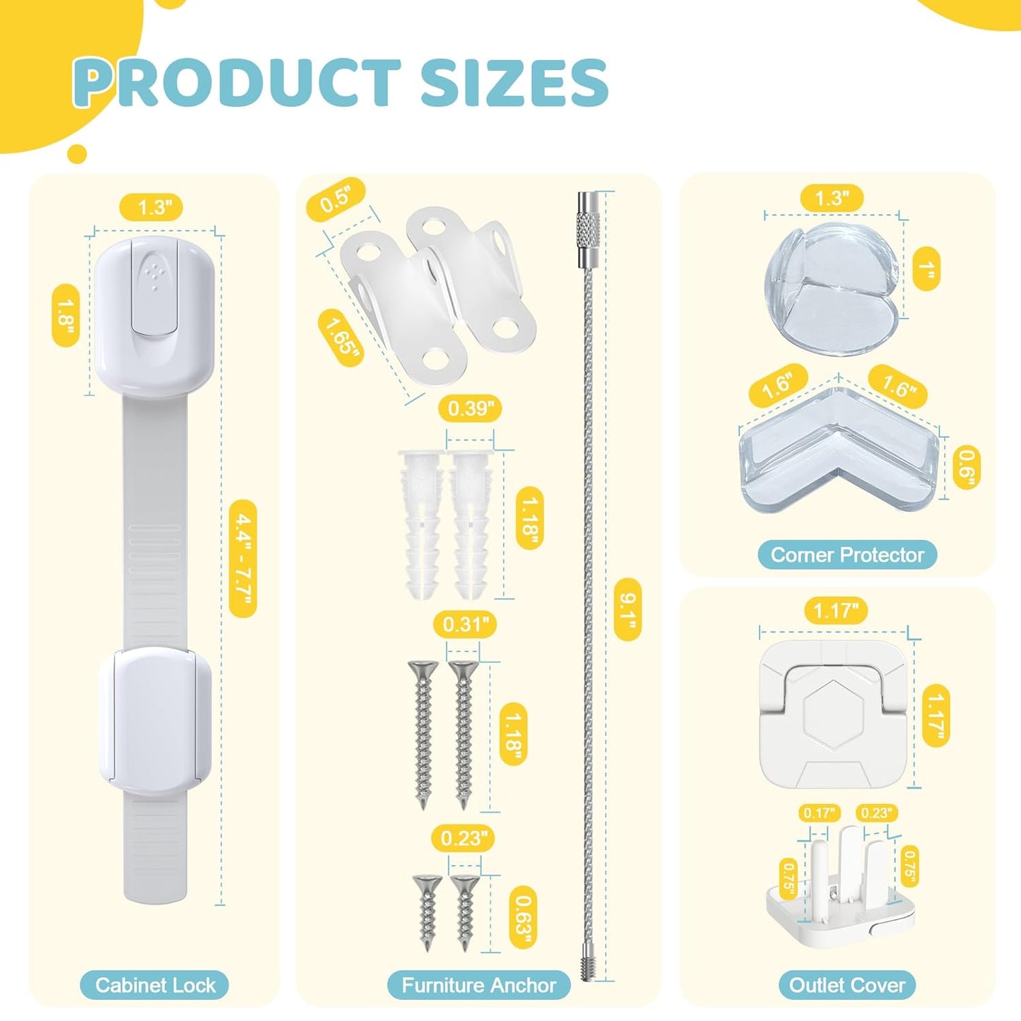 4our Kiddies 56 Pack Baby Proofing Kit, 6 Child Proof Cabinet Locks, 32 Outlet Covers, 6 Anti-Tip Furniture Anchors and 12 Corner Protectors, Child Safety Essentials to Protect Kids at Home