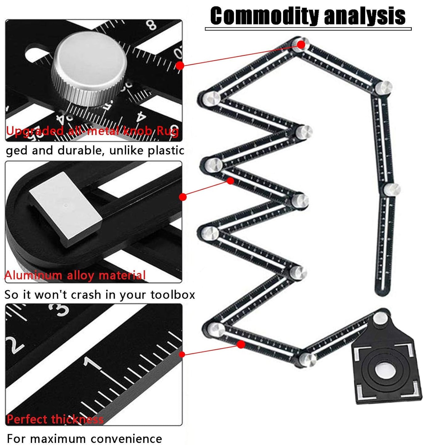 Multi Angle Measuring Ruler,12-Sided Angle Measurement,Tile Holes Measure Ruler with 3-Holes Positioning Apertures,Upgrade Multi Angle Ruler/Metal/Black