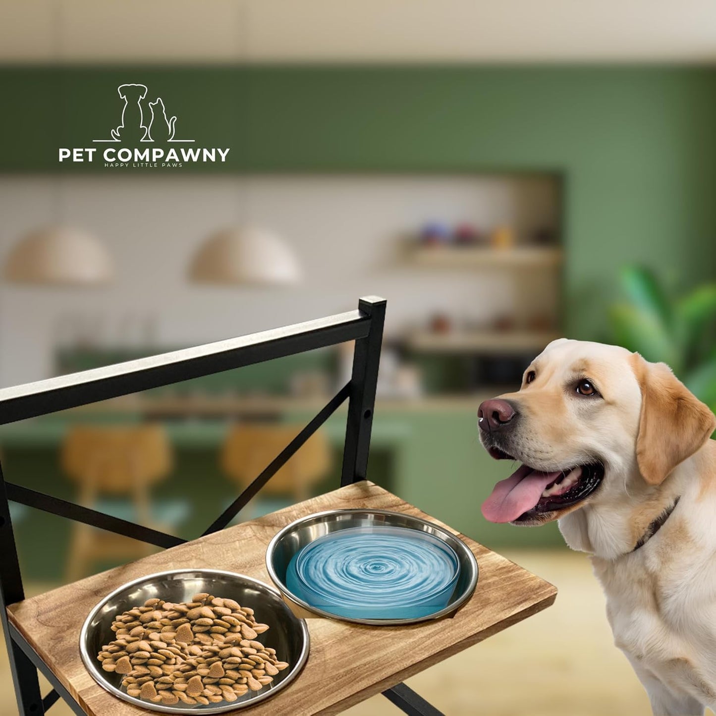 Pet Compawny Elevated Dog Bowl, Adjustable, 3 Heights with Stainless Steel, Raised Stand for Food and Water, Perfect for Dogs and Cats, Easy to Clean, Wood and Metal Frame, Modern Design
