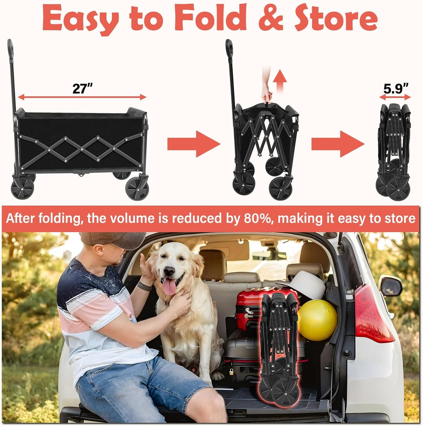 Wagons Carts Foldable, 360 Lbs with Adjustable Handle, Black Lightweight Portable, Collapsible Wagon for Camping, Shopping, Sports, Travel, Garage and Gardening Storage with Drink Holders