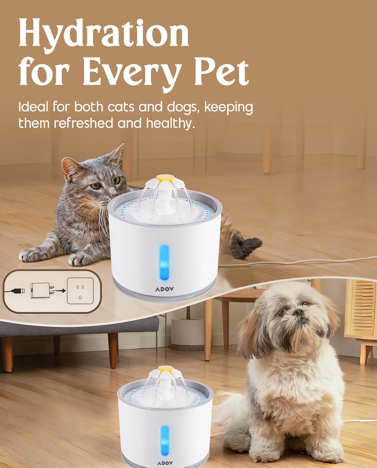 ADOV Cat Water Fountain, 81oz/2.4L Cat Fountain with LED Water Level Window and 3 Replaceable Filter, Ultra Quiet Healthy and Hygienic Pet Drinking Bowl, Automatic Pet Fountains for Cats, Dogs