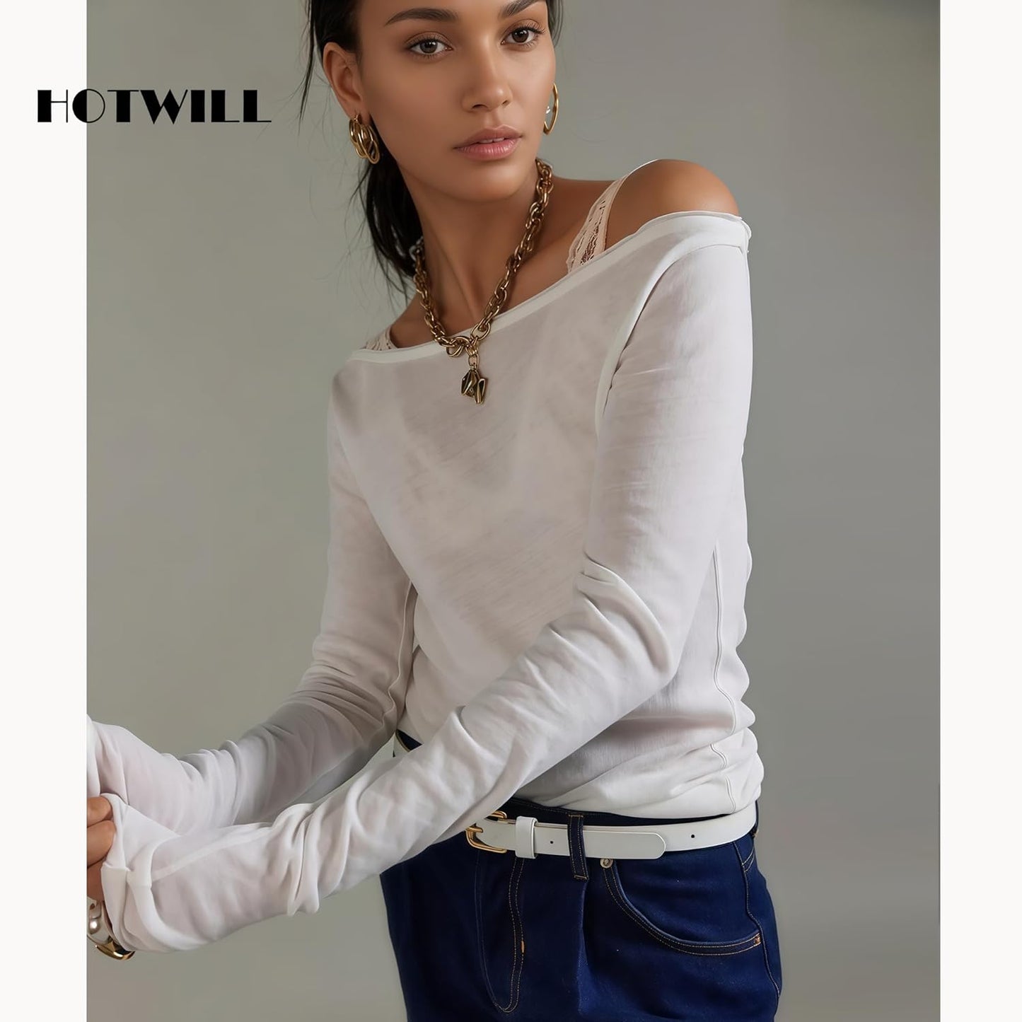 HOTWILL 4 Pack Women Skinny Belts for Jeans Dress Thin Waist Belt for Ladies with Gold Buckle 0.55" Width