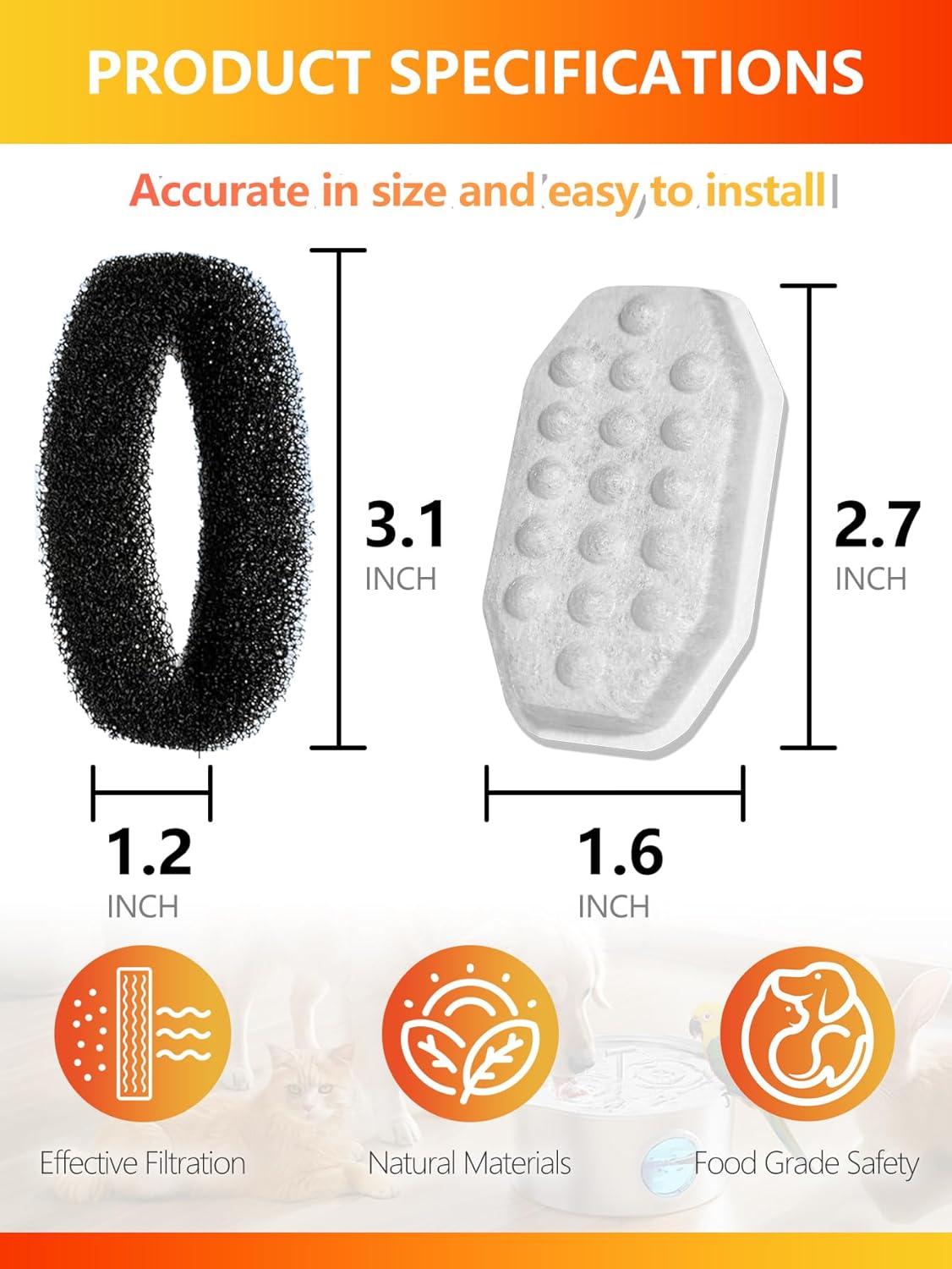12+12 Pack Cat Water Fountain Filters Replacement Compatible with Rellaty & Neareal 108oz/3.2L Stainless Steel Pet Water Fountain with Pre-Filter Sponges