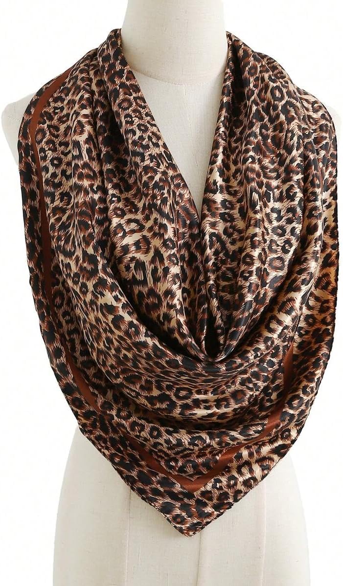 35 Inch Leopard Print Silk Head Scarf for Women Satin Hair Neck Scarf Wrap Large Lightweight Bandana