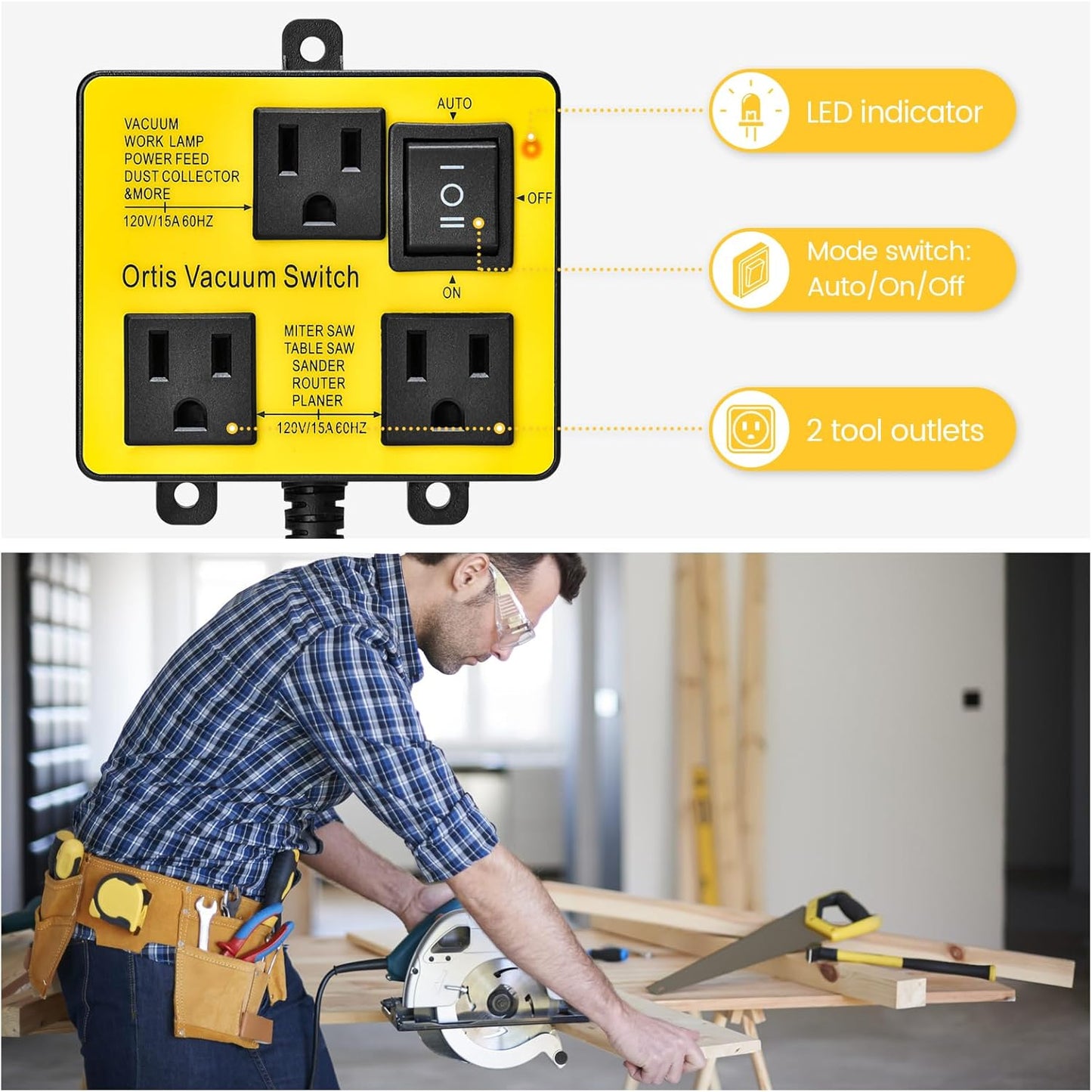 Automatic Vacuum Switch, Ortis Vacuum Switch for More Power Tools, Delay Vacuum On/Off to Prevent Circuit Overload and Tripping, Keep Your Workplace Cleaner, Better for Your Lung