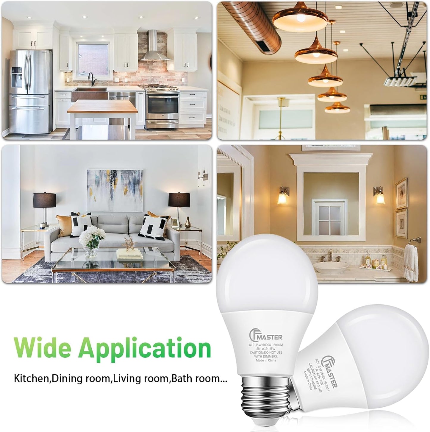 A19 LED Light Bulb, 100W Equivalent Light Bulbs, 15W 5000K Daylight, 1500 Lumens, Non-Dimmable LED Bulb, E26 Standard Base for Indoor and Outdoor, ETL Listed, 6-Pack