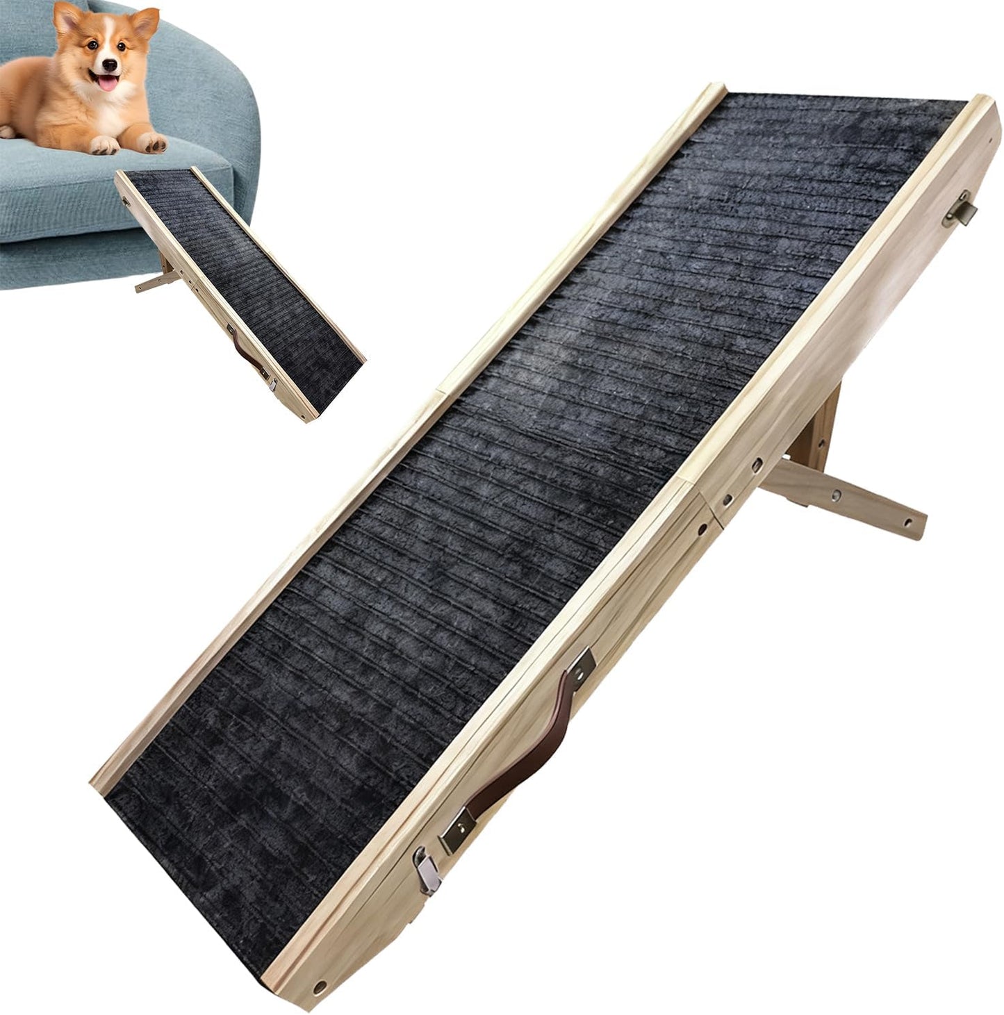 Pet Ramp - Adjustable Foldable Wooden Ramp for Dogs and Cats to Climb Beds, Sofas, and Vehicles, Non Slip with Comfortable Incline Space Saving Foldable Design Safe Indoor SUV Furniture Access