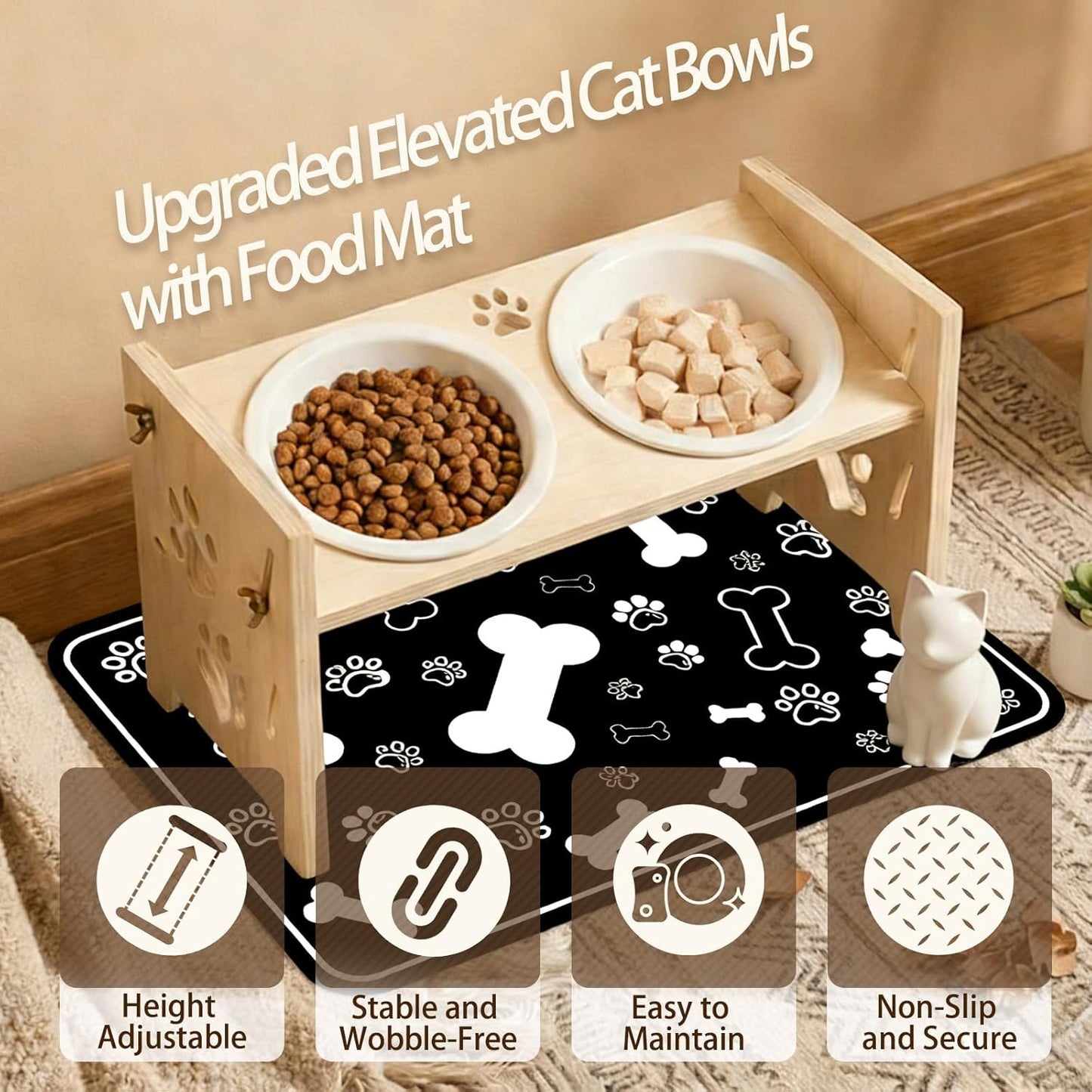 2026 New Elevated Cat Bowls with Food Mat, Adjustable Height & Angle Raised Cat & Dog Bowls Stand for Food and Water, Cat or Small Dog Feeding Station, 2 Ceramic Bowls for Cats and Puppy(Natural Wood)